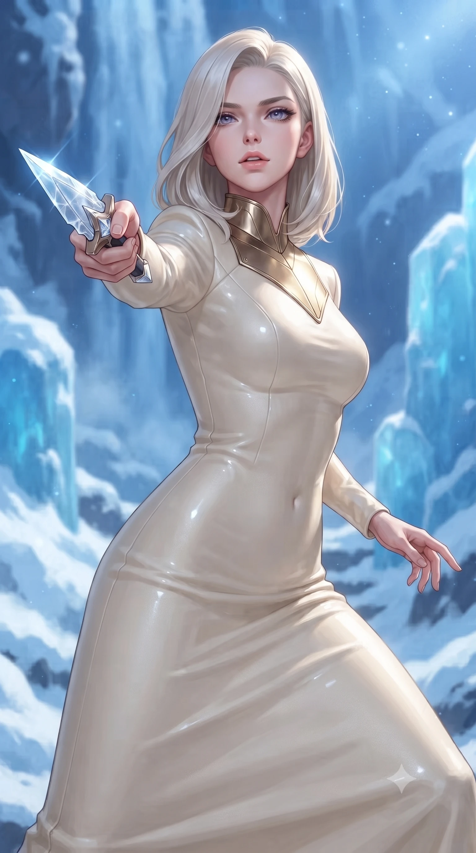 score_9, masterpiece, best quality, ultra-detailed, high-budget anime keyframe, editorial fashion photography, tasteful artistic composition, Caucasian woman. close-up cowboy shot from the waist and thighs up, the character dominates the composition, filling the frame with her large presence, background elements kept in soft focus. pointing a crystal-edged laser dagger forward in a defensive stance, tilting her chin up slightly with lips parted in a composed pose, the background shows a soft-focus a waterfall peak deck with snow drifts and blue quartz pillars. She has an exceptionally elegant, slender, and willowy female figure with an ultra-slim waist, a gracefully sculpted slender torso, and a refined silhouette. sharp v-shaped jawline, high-bridge nose, intricate jewel-like eyes with depth, thick eyelashes, glossy lips with a natural sheen. wearing a body-hugging elegant stellar senator gown in heavy cream wool, featuring structured metallic gold collar guards and long sleeves. bright morning starlight highlighting white snow and blue crystal in vivid tones. ultra-reflective glossy finish, specular highlights, metallic sheen, high-contrast stereoscopic depth, volumetric dynamic lighting, 2k, ultra detail, master piece, 9:16 ratio