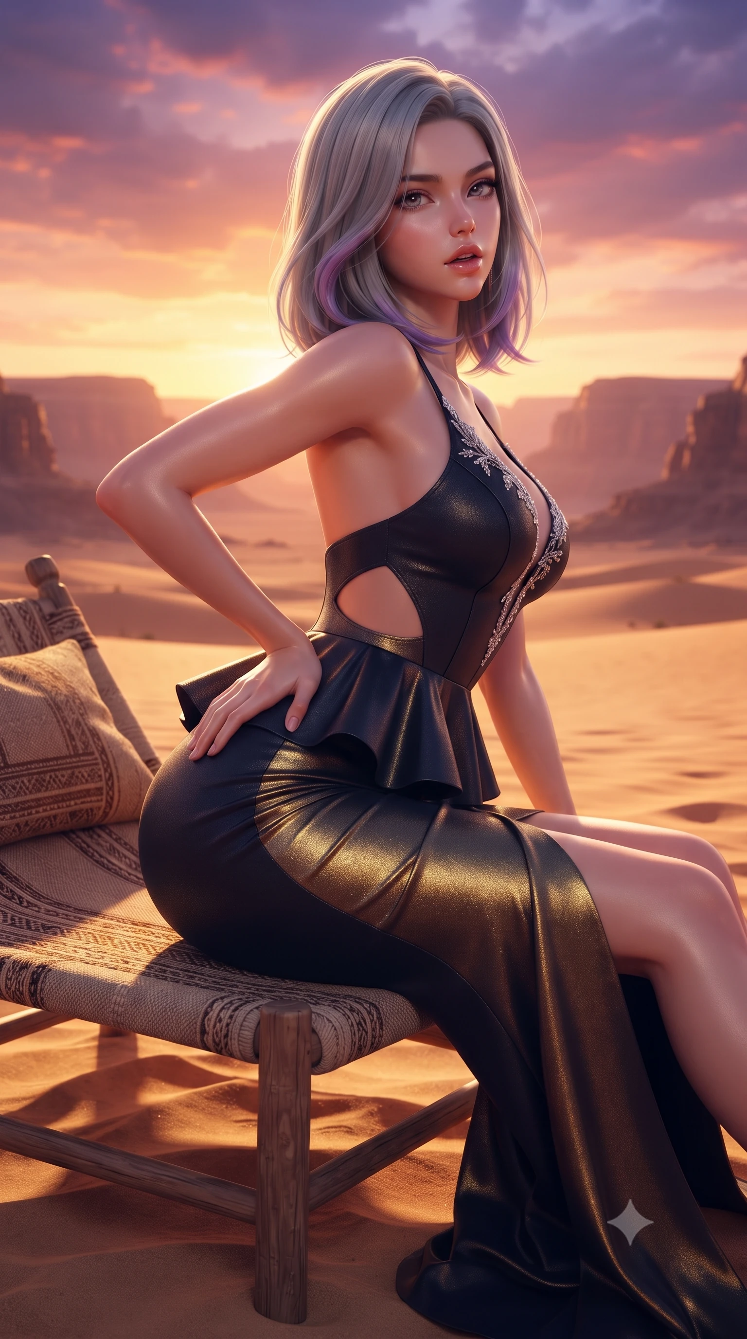 score_9, masterpiece, best quality, ultra-detailed, high-budget anime keyframe, semi-realistic 3D game render, editorial fashion photography, tasteful artistic composition, Caucasian woman. close-up cowboy shot from the waist and thighs up, the character dominates the composition, filling the frame with her large presence. posing in an alluring rear three-quarter angle, arching her lower back in a pronounced S-curve with one hand on her hip, glancing seductively over her bare shoulder with parted glossy lips while reclining across a low-slung desert lounge set upon golden sands, her slender waist and feminine curves sculpted by dramatic desert twilight. The surrounding environment is rendered in vivid detail and crisp panoramic clarity. detailed couture gown drape, sunset specular sheen on skin, and Saudi canyon horizon clarity in high resolution. She has an exceptionally elegant, slender, and willowy female figure with an ultra-slim waist, flat toned midriff, narrow ribcage, and sculpted feminine hips creating an alluring, slim hourglass silhouette without bulk. sharp v-shaped jawline, high-bridge nose, intricate jewel-like eyes with depth, thick eyelashes, glossy parted lips with a natural sheen, intensely captivating and seductive bedroom-eyes expression, flawlessly proportioned anatomical accuracy, strict slender model proportions, natural body alignment, perfectly sculpted long slender limbs, ultra-slim waistline, clean dynamic posture without body distortion. wearing a modern peplum corset dress with side-waist diamond cutouts and an ultra-tight silhouette in midnight obsidian black and liquid gold, crafted from luxurious metallic lamé that shifts radiance with every step, finished with delicate crystal frost embroidery tracing the plunging neckline, the form-contouring material adhering flawlessly to her sculpted flat midriff and slender torso, emphasizing her long leg lines and perfectly proportioned willowy build. bathed in glorious desert sunset glow in rich shades of molten copper and violet. highly saturated vibrant anime colors, detailed shading with soft gradients, rich glossy textures, high-contrast stereoscopic depth, volumetric dynamic lighting, master piece, 9:16 ratio