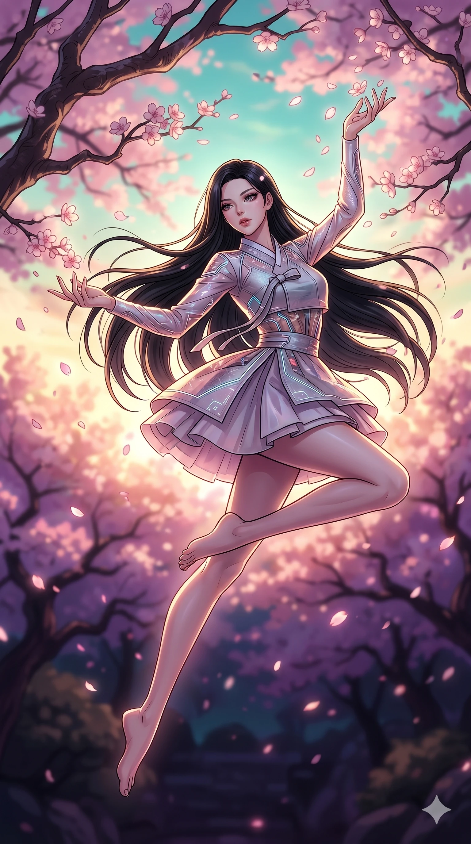 score_9, masterpiece, best quality, ultra-detailed, high-budget anime movie keyframe, cinematic anime lighting, intricate line art, Japanese woman. Low angle cowboy shot capturing a powerful motion and statuesque presence. twisting in mid-air while catching falling cherry blossoms at dawn. She has an absolutely perfect 8-heads proportion, an exceptionally tall and slender female figure with an ultra-slim waist and impossibly long slender legs. strictly human anatomy, two legs only, no extra limbs, clearly defined legs and arms, perfect anatomy, perfect hands and fingers. sharp v-shaped jawline, high-bridge nose, intricate jewel-like eyes, thick eyelashes, glossy lips. Wearing Modern Traditional: Shortened cyber-hanbok with fusion silk robes and transparent panels. The scene is illuminated by dramatic atmospheric lighting and vibrant color palettes. , 2k, ultra detail, master piece, 9:16 ratio