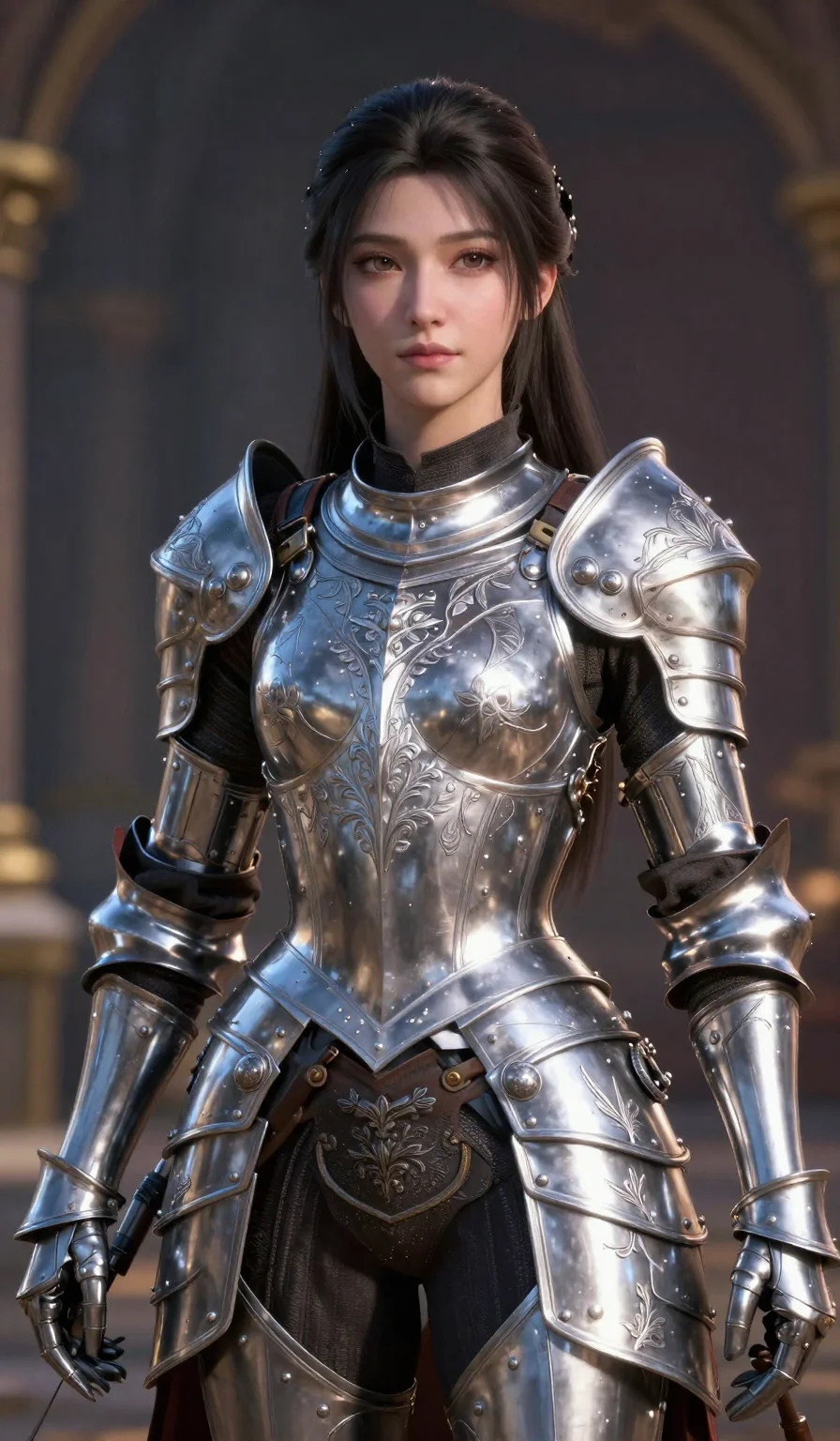 (masterpiece:1.2), best quality, highres, (3D character:1.2), female knight, silver circlet, (intricate plate armor with floral engravings:1.2), heroic and beautiful, cinematic lighting, 2k, ultra detail, 9:16 ratio