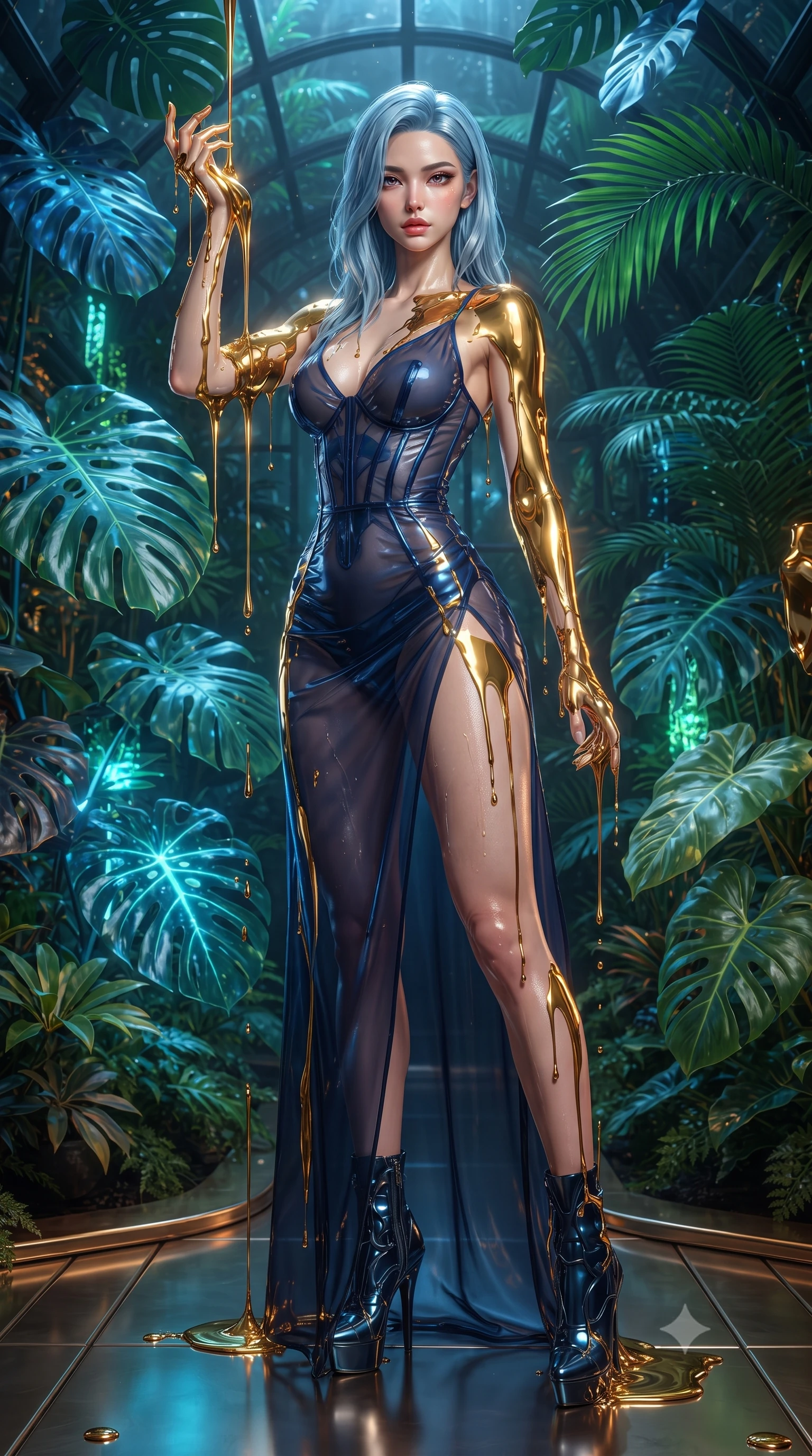 score_9, masterpiece, best quality, ultra-detailed, High-budget Anime Keyframe, editorial fashion photography, tasteful artistic composition, realistic cosplay photography, East Asian woman. Dynamic full-body shot stretching the vertical silhouette to the limit. Scenario 340: standing under a waterfall of liquid gold, the fluid coating her form, in a cybernetic greenhouse filled with giant glowing tropical leaves. Her presence is magnetic and overpowering in this high-budget cinematic scene. Outfit 340: a body-hugging sheer organza dangerous with a thigh-high slit and tight-fitting silhouette. The clothing is designed to emphasize her exceptionally tall and slender 8-heads proportion. 8-heads proportion, towering silhouette, ultra-slim waist. sharp v-shaped jawline, intricate jewel-like eyes with depth, thick eyelashes, glossy lips. ultra-reflective glossy finish, specular highlights, metallic sheen, high-contrast stereoscopic depth, volumetric dynamic lighting, 2k, ultra detail, master piece, 9:16 ratio
