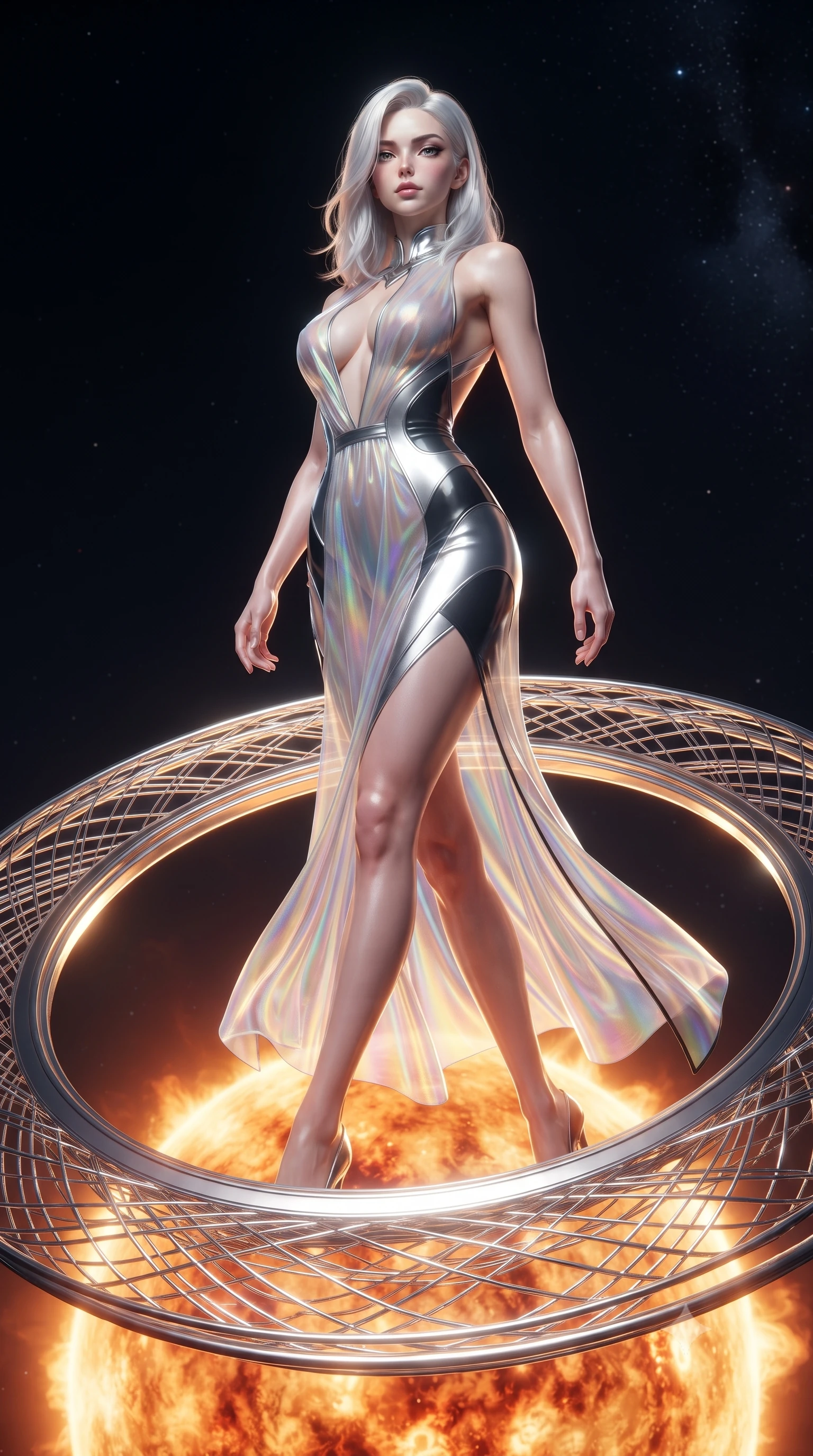 score_9, masterpiece, best quality, ultra-detailed, high-budget anime keyframe, editorial fashion photography, tasteful artistic composition, Caucasian woman. low angle full-body shot from head to toe showing her feet, filling the entire 9:16 vertical frame with her statuesque presence, stretching her vertical silhouette. pivoting dynamically in zero-gravity with fluid body alignment, displaying her perfect model proportions while stepping forward with a proud statuesque stride along a platinum ring suspended over a sun core, platinum wire lattices reflecting intense warm sunlight with brilliant metallic luster. She has an absolutely perfect, statuesque 8.5-heads proportion, an exceptionally tall and slender model-like female figure with impossibly long slender legs and an ultra-slim waist. sharp v-shaped jawline, high-bridge nose, intricate jewel-like eyes with depth, thick eyelashes, glossy lips with a natural sheen, flawlessly proportioned anatomical accuracy, natural body alignment, perfectly sculpted elegant limbs, clean dynamic posture without body distortion. wearing a translucent iridescent chiffon gown with a plunging neckline and open back in matte black and polished silver, tailored from high-gloss patent leather, accented with a Tasteful chest slit framing her clavicle gracefully, the form-contouring material highlighting her ultra-slim waist and long lines. surrounded by a brilliant solar aura with high-contrast metallic specular shine. ultra-reflective glossy finish, specular highlights, metallic sheen, high-contrast stereoscopic depth, volumetric dynamic lighting, 2k, ultra detail, master piece, 9:16 ratio
