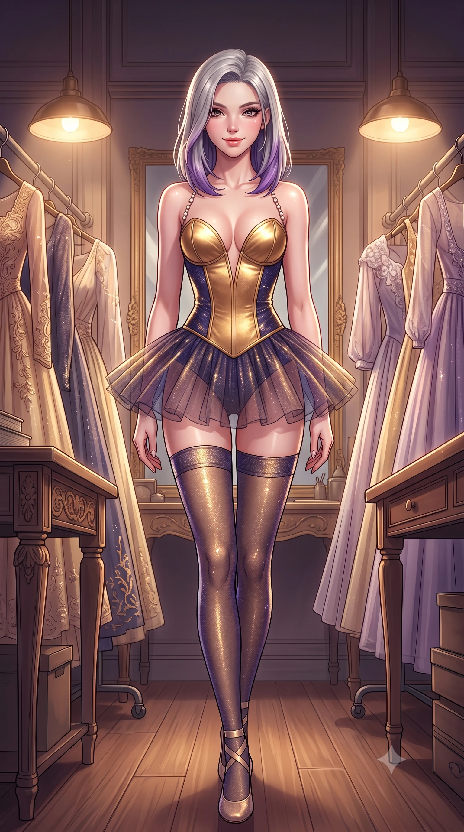 score_9, masterpiece, best quality, ultra-detailed, high-budget anime keyframe, semi-realistic 3D game render, editorial fashion photography, tasteful artistic composition, Caucasian woman. low angle full-body shot from head to toe showing her feet, filling the entire 9:16 vertical frame with her statuesque presence, stretching her vertical silhouette. stepping slowly toward the camera with hypnotic grace, hips swaying in an alluring sensual rhythm that accentuates her curvy hourglass silhouette and long slender legs while standing poised between rows of vintage embroidered opera gowns, arching her back with timeless theatrical enchantment. The surrounding environment is rendered in vivid detail and crisp panoramic clarity: detailed semi-sheer leotard fabric weave, glistening lip gloss sheen, and historic archive furniture in razor-sharp precision. She has an absolutely perfect, statuesque 8.5-heads proportion, an exceptionally tall and slender model-like female figure with impossibly long slender legs, an ultra-slim waist, a flat toned midriff, narrow delicate ribcage, and beautifully sculpted feminine hips creating a graceful, slim hourglass silhouette without any bulky heaviness. sharp v-shaped jawline, high-bridge nose, sparkling eyes with hypnotic seductive depth, thick curled eyelashes, glossy parted lips with a natural dewy peach sheen, alluring bedroom-eyes with an enchanting coquettish smile, exuding magnetic siren charisma and sophisticated glamour, flawlessly proportioned anatomical accuracy, strict slender model proportions, natural body alignment, perfectly sculpted long slender limbs, ultra-slim waistline, clean dynamic posture without body distortion. wearing a plunging sweetheart-neckline boned satin ballet bustier paired with an ultra-short sheer tulle micro-tutu and silk stockings in molten liquid gold and midnight indigo, woven from stretch metallic lurex jersey casting radiant starlight glints across her silhouette, accented with a pearl-drop body harness subtly framing her dewy collarbones and spine, the glove-like clinging cut tightly following the natural contour of her hips and long slender legs with youthful 8.5-heads elegance. bathed in soft warm incandescent atelier lamps hanging low over work tables. highly saturated vibrant anime colors, detailed shading with soft gradients, rich glossy textures, high-contrast stereoscopic depth, volumetric dynamic lighting, master piece, 9:16 ratio