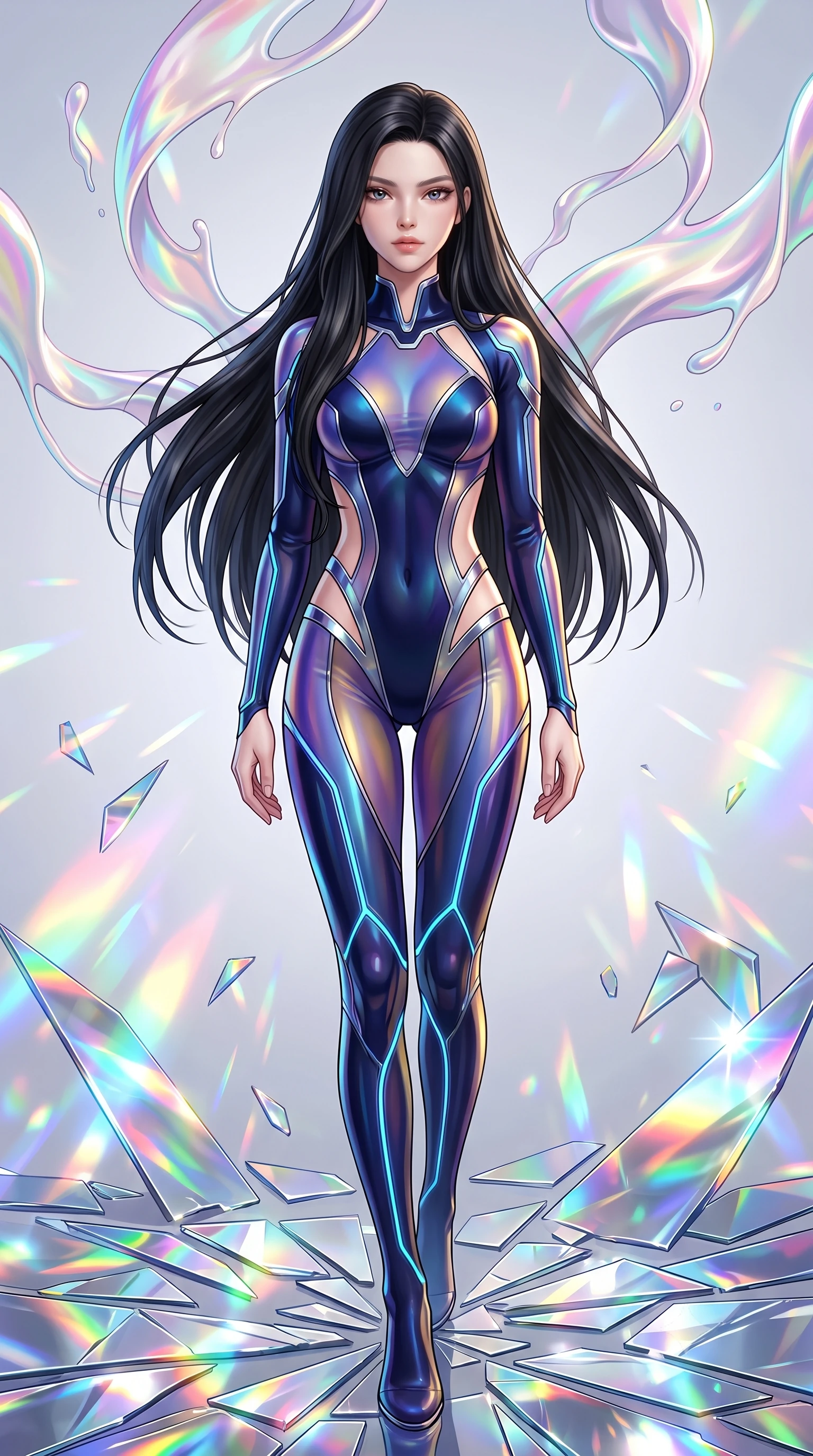 score_9, masterpiece, best quality, ultra-detailed, high-budget anime keyframe, editorial fashion photography, tasteful artistic composition, Korean woman. low angle full-body shot from head to toe showing her feet, filling the entire 9:16 vertical frame with her statuesque presence, stretching her vertical silhouette. stepping forward with proud posture, filling the vertical frame with her magnetic presence guiding viscous opal paint ribbons hovering gracefully in mid-air, shattered mirror shards scattering brilliant rainbow reflections everywhere. She has an absolutely perfect, statuesque 8.5-heads proportion, an exceptionally tall and slender model-like female figure with impossibly long slender legs and an ultra-slim waist. sharp v-shaped jawline, high-bridge nose, intricate jewel-like eyes with depth, thick eyelashes, glossy lips with a natural sheen. wearing a skin-tight cybernetic bodysuit with glowing neon seams and side cutouts in midnight navy blue and chrome trim, crafted from iridescent chiffon that shifts colors in the light, featuring clean architectural cutouts along her slender torso, the glove-like fit emphasizing her statuesque silhouette. bathed in high-contrast vibrant studio lighting with sharp specular highlights. highly saturated vibrant anime colors, detailed shading with soft gradients, rich glossy textures, high-contrast stereoscopic depth, volumetric dynamic lighting, master piece, 9:16 ratio