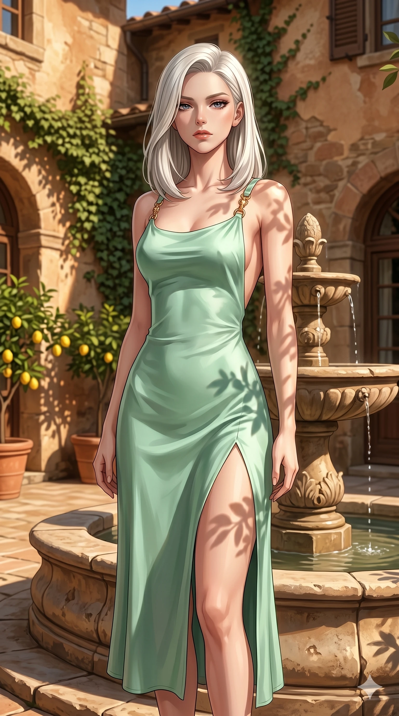 score_9, masterpiece, best quality, ultra-detailed, high-budget anime keyframe, editorial fashion photography, tasteful artistic composition, Caucasian woman, strictly human ears. cowboy shot from the thighs up, character and outfit filling the frame for maximum editorial presence. looking down at the viewer with a haughty, composed and cool expression, her shoulders relaxed standing by a rustic stone fountain in a quiet private courtyard of a Tuscan villa (Code-P117). She has an absolutely perfect 8-heads proportion, an exceptionally tall and slender female figure with impossibly long slender legs and an ultra-slim waist. V-shaped jawline, high-bridge nose, intricate jewel-like eyes with depth, thick eyelashes, glossy lips with a natural sheen. wearing a mint green silk slip dress with an open-back design and a high front slit. bathed in warm, golden afternoon sunbeams casting soft organic shadows of leaves on her skin. 2k, ultra detail, master piece, 9:16 ratio