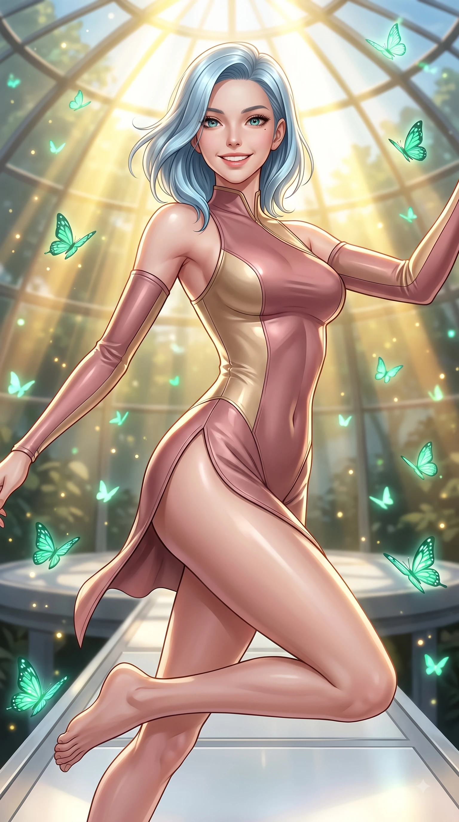 score_9, masterpiece, best quality, ultra-detailed, high-budget anime keyframe, editorial fashion photography, tasteful artistic composition, Korean woman. close-up cowboy shot from the waist and thighs up, the character dominates the composition, filling the frame with her large presence, background elements kept in soft focus. Gazing directly into the camera with a joyful, infectious smile as her torso curves dynamically in mid-stride while leaping playfully across a platinum walkway in a sunlit glass dome filled with glowing butterflies, intense volumetric sunbeams filtering through the glass dome ceiling in bright golden rays. She has an exceptionally elegant, slender, and willowy female figure with an ultra-slim waist, a gracefully sculpted slender torso, and a refined silhouette. sharp v-shaped jawline, high-bridge nose, intricate jewel-like eyes with depth, thick eyelashes, glossy lips with a natural sheen, flawlessly proportioned anatomical accuracy, natural body alignment, perfectly sculpted elegant limbs, clean dynamic posture without body distortion. wearing an asymmetrical high-cut tech-bodysuit with detached sleeves in dusty rose and champagne gold, formed from sleek second-skin neoprene, finished with a sleek side slit ascending to mid-thigh, the glove-like fit emphasizing her statuesque silhouette during motion. bathed in warm golden sunlight and bright emerald bioluminescent glow. ultra-reflective glossy finish, specular highlights, metallic sheen, high-contrast stereoscopic depth, volumetric dynamic lighting, 2k, ultra detail, master piece, 9:16 ratio