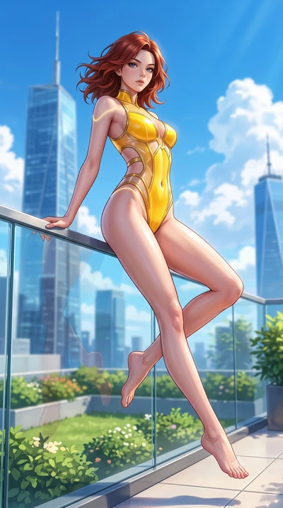 score_9, masterpiece, best quality, ultra-detailed, high-budget anime keyframe, semi-realistic 3D game render, editorial fashion photography, tasteful artistic composition, Korean woman. low angle full-body shot from head to toe showing her feet, fil