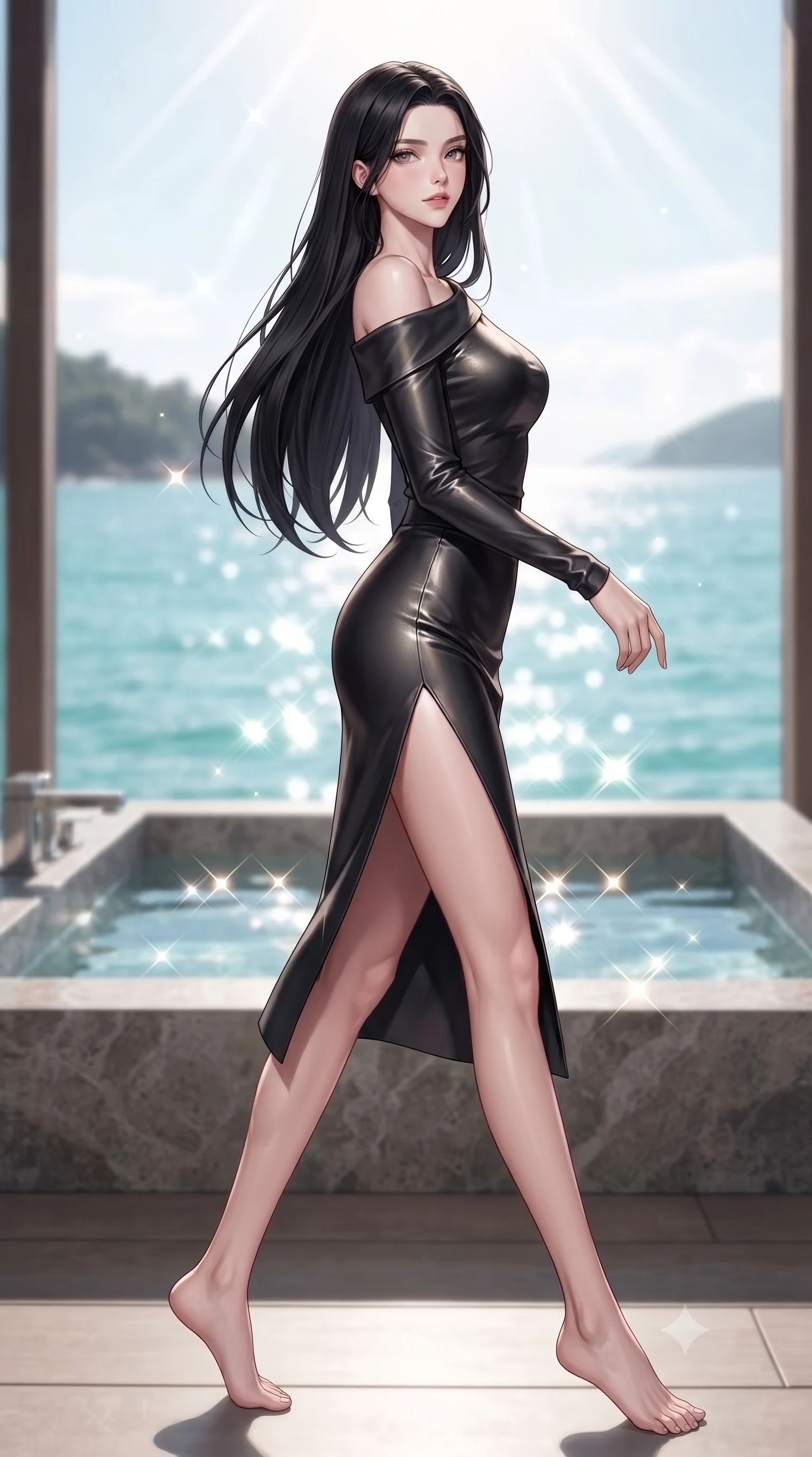 score_9, masterpiece, best quality, ultra-detailed, high-budget anime keyframe, editorial fashion photography, tasteful artistic composition, Korean woman woman. low angle full-body shot from head to toe showing her feet, filling the entire 9:16 vertical frame with her statuesque presence, stretching her vertical silhouette. stepping gracefully while looking back over her shoulder, her dress draped tightly to reveal her silhouette the background shows a soft-focus a stone bath tub on a private deck overlooking a quiet bay with turquoise water. She has an absolutely perfect, statuesque 8.5-heads proportion, an exceptionally tall and slender model-like female figure with impossibly long slender legs and an ultra-slim waist. sharp v-shaped jawline, high-bridge nose, intricate jewel-like eyes with depth, thick eyelashes, glossy lips with a natural sheen. wearing a slim-fit asymmetric off-shoulder top paired with a high-slit midi skirt, revealing a glimpse of her clavicle lines. bright morning sun rays creating sparkling glints on the sea and water tub. ultra-reflective glossy finish, specular highlights, metallic sheen, high-contrast stereoscopic depth, volumetric dynamic lighting, 2k, ultra detail, master piece, 9:16 ratio