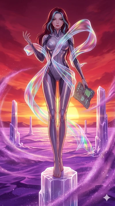 score_9, masterpiece, best quality, ultra-detailed, high-budget anime keyframe, Caucasian woman, strictly human ears. low angle full-body shot filling the entire 9:16 frame with her statuesque presence, stretching the vertical silhouette. standing at