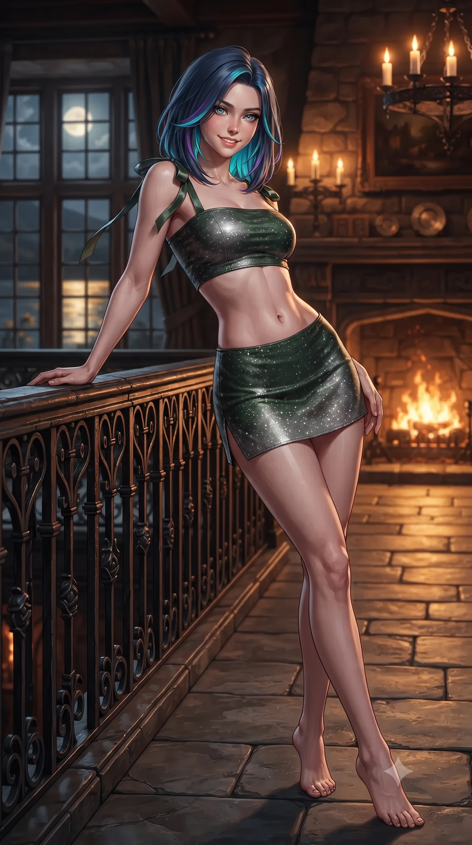 score_9, masterpiece, best quality, ultra-detailed, high-budget anime keyframe, editorial fashion photography, tasteful artistic composition, Caucasian woman. low angle full-body shot from head to toe showing her feet, filling the entire 9:16 vertical frame with her statuesque presence, stretching her vertical silhouette. leaning deep against the balcony balustrade with hips cocked back in an unapologetically alluring high-fashion stance, casting an intoxicating glance while twisting her slender torso in an alluring contrapposto stance on the slate flagstone floor, glowing hearth firelight caressing her narrow waist and curvy hips. The background shows a soft-focus flickering iron candelabra chandeliers, antique Scottish clan tartans on stone walls, and moonlit Loch Duich waters through mullioned windows blurred into amber, emerald, and peat bokeh. She has an exceptionally tall and slender model-like 8.5-heads proportion, an ultra-slim waist, a flat toned midriff, narrow delicate ribcage, and beautifully sculpted feminine hips creating a graceful, slim hourglass silhouette without any bulky heaviness, with impossibly long slender legs. sharp v-shaped jawline, high-bridge nose, intricate jewel-like sparkling eyes with depth, thick eyelashes, glossy parted lips with a natural peach sheen, bright cheerful beaming smile with an enchanting and coquettish sensual glint, exuding both youthful cute charm and seductive allure, flawlessly proportioned anatomical accuracy, strict slender model proportions, natural body alignment, perfectly sculpted long slender limbs, ultra-slim waistline, clean dynamic posture without body distortion. wearing an ultra-cropped fitted bandeau top paired with a micro mini tennis skirt revealing her flat toned midriff in Loch Ness deep peat moss green and silver starlight, woven from buttery-soft stretch lambskin leather adhering to her body like a second skin, finished with satin ribbon ties at the shoulders fluttering in the gentle breeze, the impeccably tailored cut draping gracefully along her slender figure with aristocratic poise. bathed in the warm radiant 2200K glow of the roaring stone fireplace mixed with soft tallow candle flame sconces. ultra-reflective glossy finish, specular highlights, rich textural contrasts, high-contrast stereoscopic depth, volumetric dynamic lighting, 2k, ultra detail, master piece, 9:16 ratio