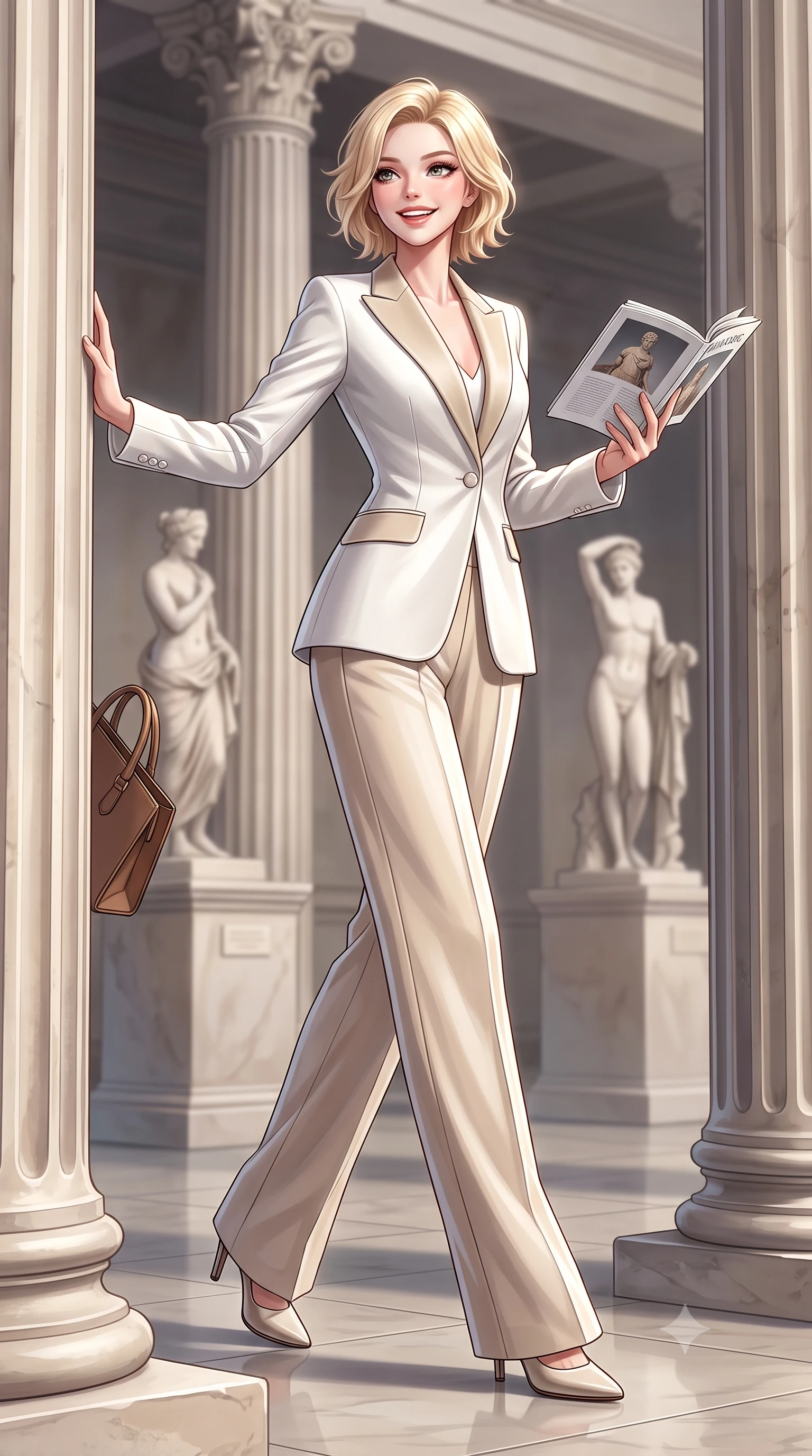 score_9, masterpiece, best quality, ultra-detailed, high-budget anime keyframe, semi-realistic 3D game render, editorial fashion photography, tasteful artistic composition, Caucasian woman. low angle full-body shot from head to toe showing her feet, filling the entire 9:16 vertical frame with her statuesque presence, stretching her vertical silhouette. walking briskly with tall supermodel strides, one hand holding her leather bag and the other swinging with energetic charm while leaning lightly against the fluted Portland stone Corinthian column, one hand holding an exhibition catalog with refined poise. The background shows a soft-focus classical Greek sculptures on pedestals softened in majestic cultural sanctuary shallow focus. She has an exceptionally tall and slender model-like 8.5-heads proportion, an ultra-slim waist, a flat toned midriff, narrow delicate ribcage, and beautifully sculpted feminine hips creating a graceful, slim hourglass silhouette without any bulky heaviness, with impossibly long slender legs. sharp v-shaped jawline, high-bridge nose, intricate jewel-like sparkling eyes with depth, thick eyelashes, glossy parted lips with a natural peach sheen, bright cheerful beaming smile with an enchanting and coquettish sensual glint, exuding both youthful cute charm and seductive allure, flawlessly proportioned anatomical accuracy, strict slender model proportions, natural body alignment, perfectly sculpted long slender limbs, ultra-slim waistline, clean dynamic posture without body distortion. wearing a chic tailored smoking jacket blazer paired with fluid pleated palazzo trousers and a silk blouse base in Swiss alpine snow white and oat cashmere, crafted from rich cotton velvet with deep light-absorbing pile and soft gradients, finished with fine mother-of-pearl cuff buttons catching the soft ambient light, the bespoke architectural tailoring hugging her natural waistline with sartorial precision, creating a clean graceful hourglass silhouette with tall model elegance. illuminated by pale stone reflection bounce and sharp platinum rim lights sculpting her jawline, narrow waist, and statuesque proportions. highly saturated vibrant anime colors, detailed shading with soft gradients, rich glossy textures, high-contrast stereoscopic depth, volumetric dynamic lighting, master piece, 9:16 ratio