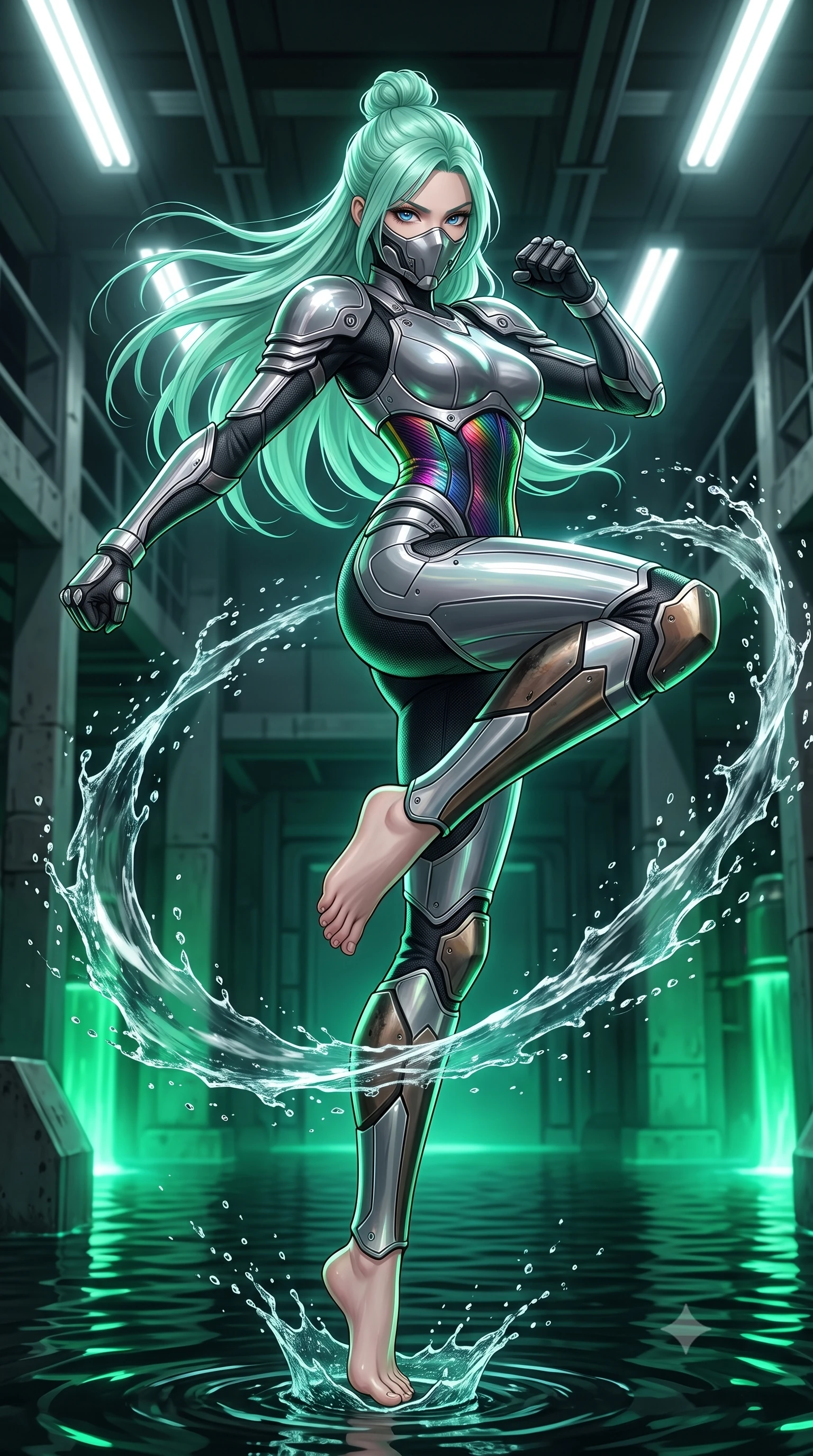 score_9, masterpiece, best quality, ultra-detailed, high-budget anime keyframe, semi-realistic 3D game render, editorial fashion photography, tasteful artistic composition, Japanese woman. low angle full-body shot from head to toe showing her feet, filling the entire 9:16 vertical frame with her statuesque presence, stretching her vertical silhouette. leaping into mid-air with an athletic yet alluring arch of her spine, driving a downward kinetic strike surrounded by a ring of displaced air while executing a soaring 180-degree spinning hook kick above black industrial floodwaters with reinforced kinetic shin guards spraying water arcs. The surrounding environment is rendered in vivid detail and crisp panoramic clarity. sharp water droplet spray crests, razor-sharp shin guard plating seams, and wet carbon fiber in deep focus. She has an absolutely perfect, statuesque 8.5-heads proportion, an exceptionally tall and slender model-like female figure with impossibly long slender legs, a toned flat midriff, and an ultra-slim waist. sharp v-shaped jawline, high-bridge nose, intricate jewel-like eyes with depth, thick eyelashes, glossy lips with a natural sheen, fierce and resolute heroine expression, flawlessly proportioned anatomical accuracy, strict slender model proportions, natural body alignment, perfectly sculpted long slender limbs, ultra-slim waistline, clean dynamic posture without body distortion. wearing a sleek titanium half-face combat rebreather guard protecting her lower jaw while leaving her expressive eyes and long hair flowing freely, paired with a statuesque high-fashion cyber-warrior armor suit with platinum bevels, heavy articulated shoulder guards, and an ultra-slim waist-cinching corset in high-gloss iridescent rainbow carbon with scorched titanium plating, made of lightweight aerodynamic carbon-titanium alloy with precision-beveled armor seams, detailed with kinetic shock-dampening knuckle guards and polished chrome connection joints, the glove-like aerodynamic second-skin fit tightly clinging to her ultra-slender waist and athletic curves without adding bulk, accentuating her razor-sharp statuesque lines and slim hourglass silhouette. bathed in eerie emerald biochemical uplights and cold white fluorescent ceiling spotlights. rich saturated anime colors with glowing neon highlights, detailed shading with soft gradients, rich glossy textures, high-contrast stereoscopic depth, volumetric dynamic lighting, master piece, 9:16 ratio