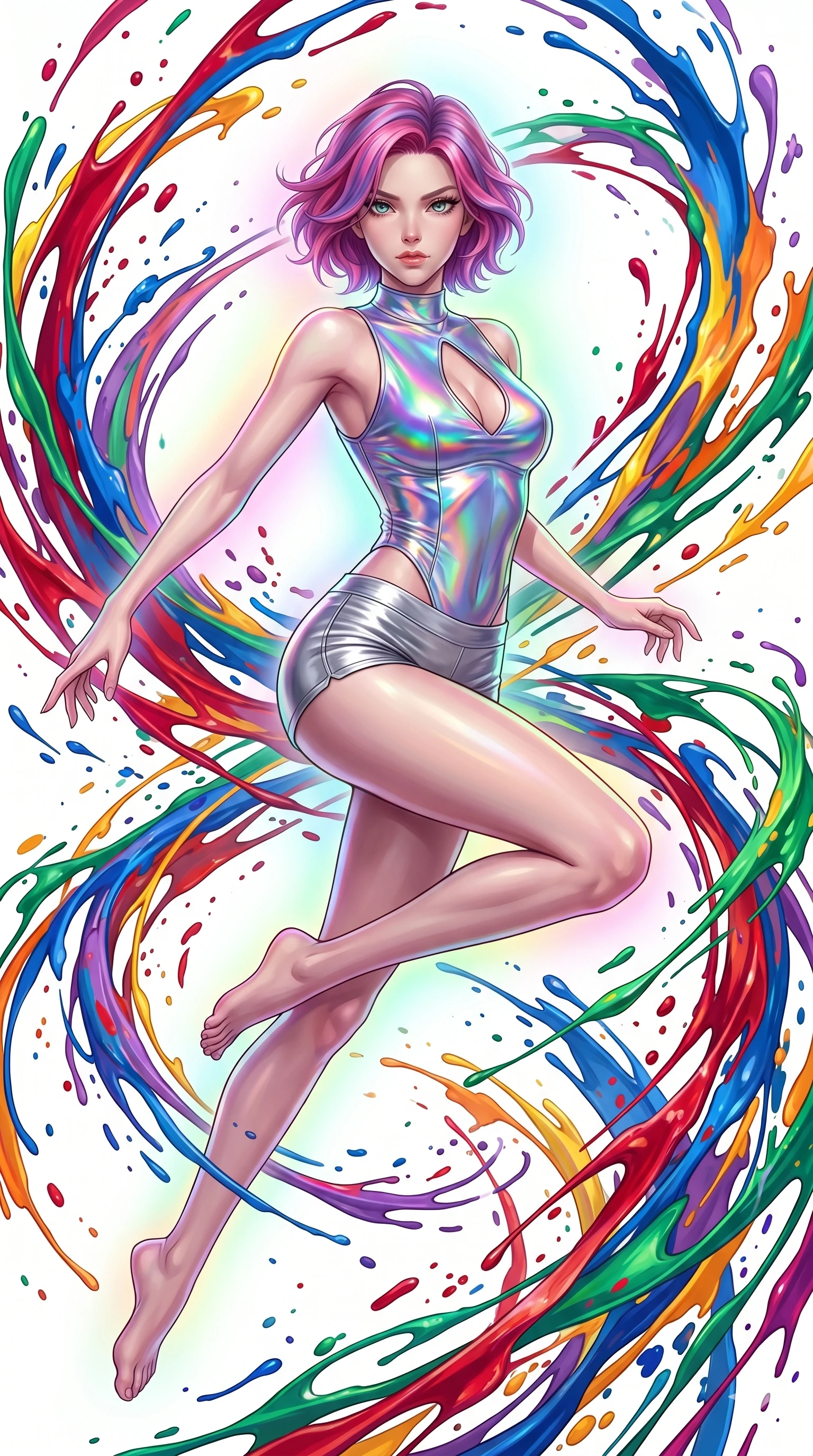 score_9, masterpiece, best quality, ultra-detailed, high-budget anime keyframe, Caucasian woman, strictly human ears. upper body close-up from the thighs up, character filling the screen for maximum presence. leaping into a vorticist paint splatter dimension where thousands of vivid acrylic paint ribbons and splatters swirl around her in a white gallery void. She has an absolutely perfect 8-heads proportion, an exceptionally tall and slender female figure with impossibly long slender legs and an ultra-slim waist. V-shaped jawline, high-bridge nose, intricate jewel-like eyes with depth, thick eyelashes, glossy lips with a natural sheen.. wearing a holographic liquid silk vest and silver metallic micro-shorts, featuring a keyhole cutout and form-fitting silhouette. enhanced by a luminous pastel spectrum glow, casting elegant rim lights on her shoulders and jawline. 2k, ultra detail, master piece, 9:16 ratio