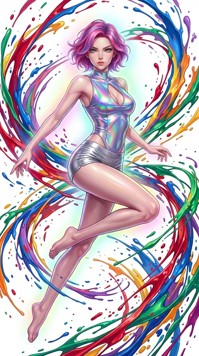 score_9, masterpiece, best quality, ultra-detailed, high-budget anime keyframe, Caucasian woman, strictly human ears. upper body close-up from the thighs up, character filling the screen for maximum presence. leaping into a vorticist paint splatter d