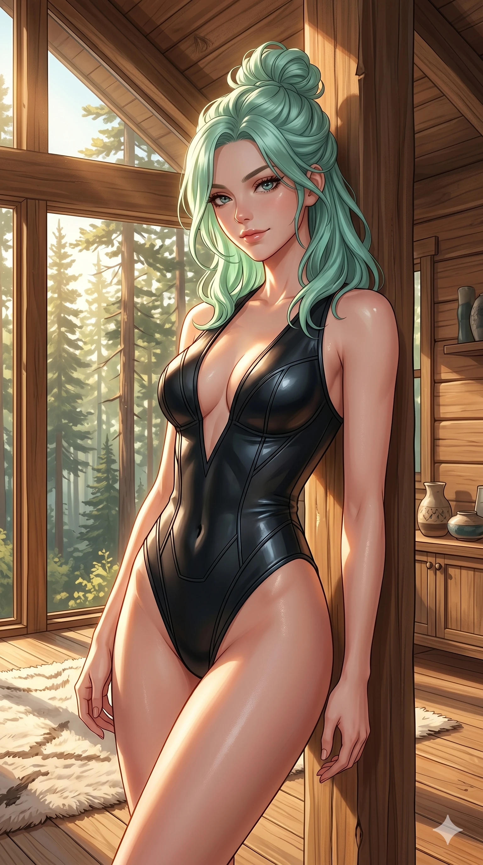score_9, masterpiece, best quality, ultra-detailed, high-budget anime keyframe, editorial fashion photography, tasteful artistic composition, Japanese woman. cowboy shot from the thighs up, character and outfit filling the frame for maximum editorial presence. tilting her head back slightly, looking down with a cool, self-assured smile inside a cozy resort lodge cabin with views of a sunlit forest (Code-P19-073). She has an absolutely perfect 8-heads proportion, an exceptionally tall and slender female figure with impossibly long slender legs and an ultra-slim waist. V-shaped jawline, high-bridge nose, intricate jewel-like eyes with depth, thick eyelashes, glossy lips with a natural sheen. wearing a wet-look neoprene bodysuit with high-cut lines and a plunging neckline for resort wear. drenched in brilliant afternoon sunshine, casting warm rays that trace her athletic build. 2k, ultra detail, master piece, 9:16 ratio