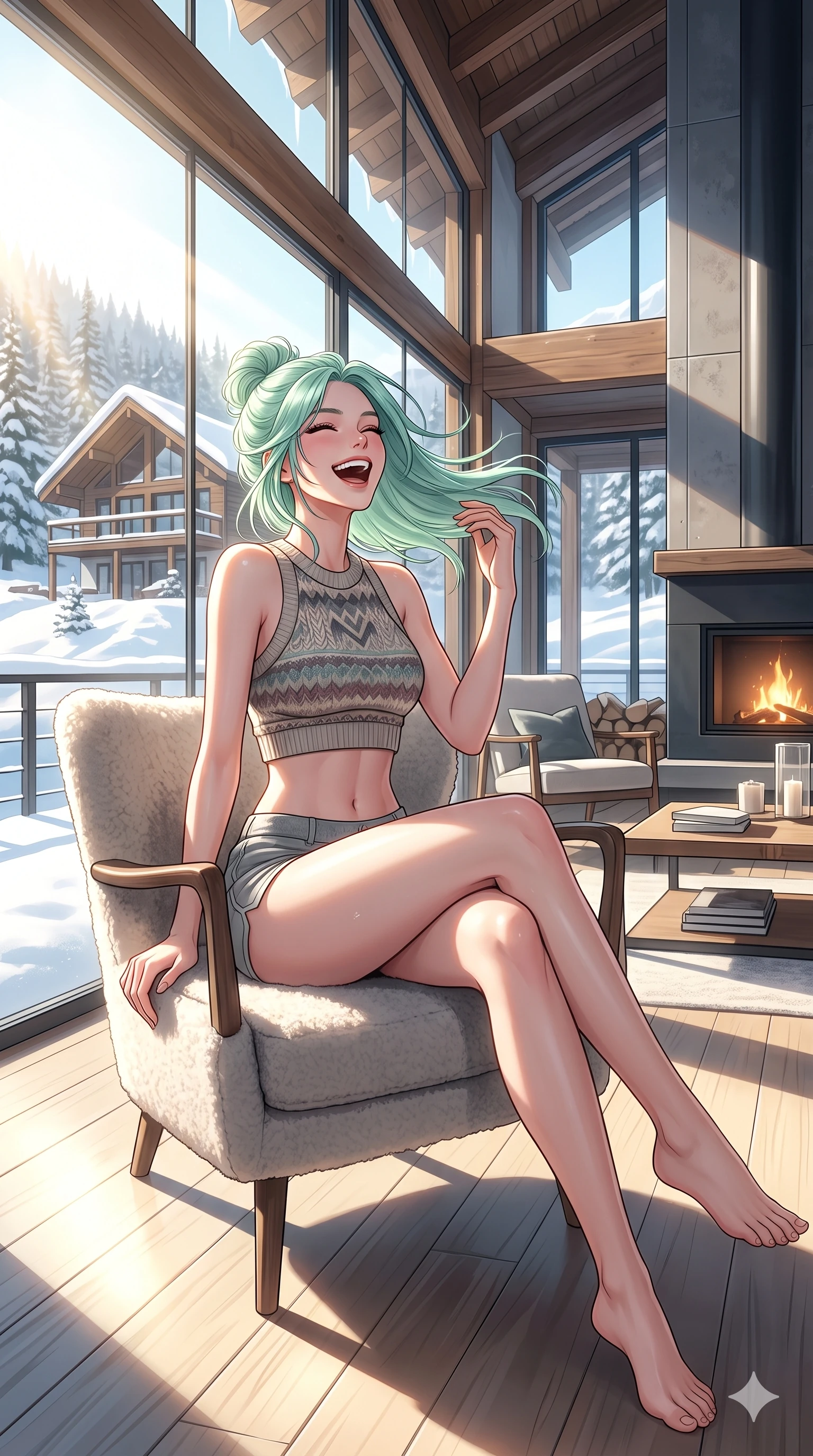 score_9, masterpiece, best quality, ultra-detailed, high-budget anime keyframe, vibrant anime aesthetic, Japanese woman. cowboy shot from the thighs up, character and outfit filling the frame for maximum presence. She is sitting by the resort lodge, laughing wind-swept and happy in the morning winter rays inside a modern villa with large glass walls and snow (Code-P21-109). She has an absolutely perfect 8-heads proportion, an exceptionally tall and slender female figure with impossibly long slender legs and an ultra-slim waist. V-shaped jawline, high-bridge nose, intricate jewel-like eyes with depth, thick eyelashes, glossy lips with a natural sheen. wearing a crop top showing bare midriff and micro-shorts in winter. She is bathed in brilliant midday winter sunbeams, casting sharp highlights that outline her slim waist. 2k, ultra detail, master piece, 9:16 ratio
