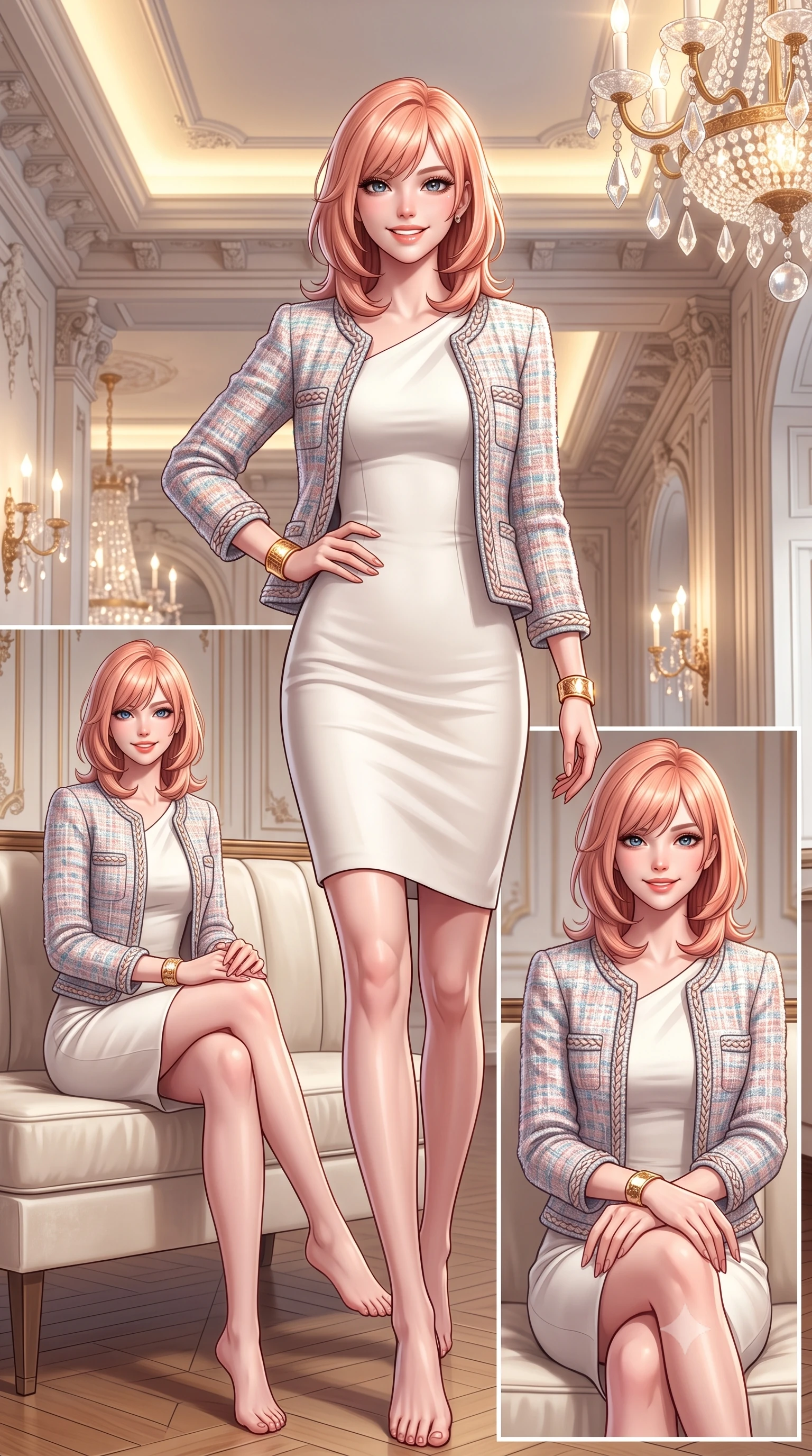 score_9, masterpiece, best quality, ultra-detailed, high-budget anime keyframe, semi-realistic 3D game render, editorial fashion photography, tasteful artistic composition, Japanese woman. low angle full-body shot from head to toe showing her feet, filling the entire 9:16 vertical frame with her statuesque presence, stretching her vertical silhouette. walking briskly with tall supermodel strides, one hand placed on her narrow hip, her impossibly long slender legs commanding the frame while sitting poised on an ivory velvet banquette with hands folded neatly in her lap, exuding impeccable French haute-couture elegance. The surrounding environment is rendered in vivid detail and crisp panoramic clarity: detailed Chanel-inspired pastel tweed jacket weave, braided trim borders, and premier Parisian interior architecture in razor-sharp precision. She has an exceptionally tall and slender model-like 8.5-heads proportion, an ultra-slim waist, a flat toned midriff, narrow delicate ribcage, and beautifully sculpted feminine hips creating a graceful, slim hourglass silhouette without any bulky heaviness, with impossibly long slender legs. sharp v-shaped jawline, high-bridge nose, intricate jewel-like sparkling eyes with depth, thick eyelashes, glossy parted lips with a natural peach sheen, bright cheerful beaming smile with an enchanting and coquettish sensual glint, exuding both youthful cute charm and seductive allure, flawlessly proportioned anatomical accuracy, strict slender model proportions, natural body alignment, perfectly sculpted long slender limbs, ultra-slim waistline, clean dynamic posture without body distortion. wearing an elegant fitted liquid crepe cocktail sheath dress with an asymmetric neckline tracing her delicate collarbones and narrow waist in Swiss alpine snow white and oat cashmere, tailored from stretch wool crepe providing structured compression and razor-sharp bodycon lines, accented with delicate golden wrist cuffs reflecting warm chandelier light, the body-conscious tailored knit hugging her sculpted torso and curvaceous hips in a seamless, fluid line that highlights her statuesque model proportions. bathed in brilliant 3500K warm-white cove illumination and glittering multi-faceted crystal chandelier reflections. highly saturated vibrant anime colors, detailed shading with soft gradients, rich glossy textures, high-contrast stereoscopic depth, volumetric dynamic lighting, master piece, 9:16 ratio