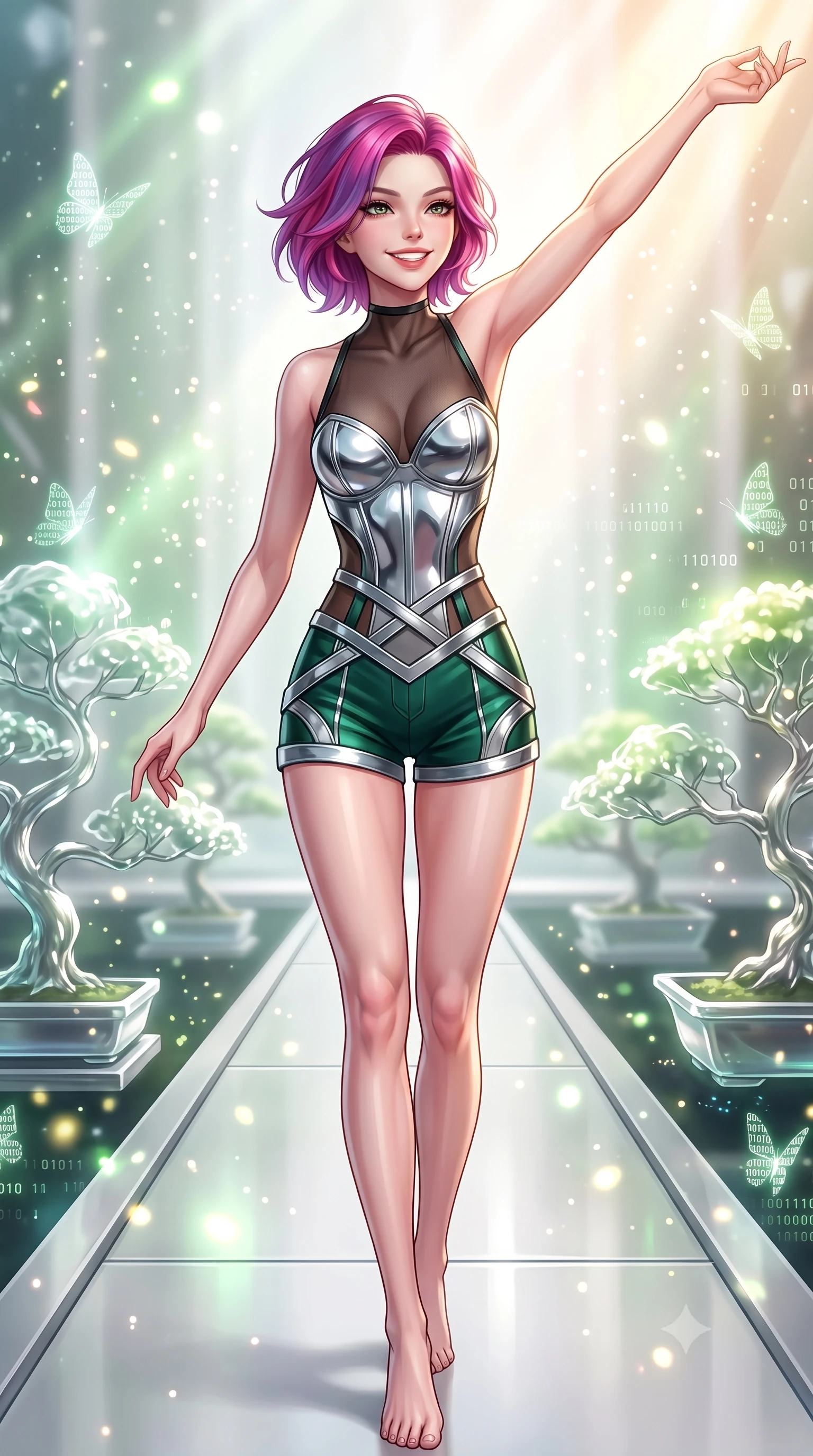 score_9, masterpiece, best quality, ultra-detailed, high-budget anime keyframe, editorial fashion photography, tasteful artistic composition, Caucasian woman. close-up cowboy shot from the waist and thighs up, the character dominates the composition, filling the frame with her large presence, background elements kept in soft focus. Extending one arm in an elegant stretch toward the light while smiling with magnetic self-assurance while walking along a platinum walkway in a quantum garden filled with glowing glass bonsai trees, glowing pollen particles and binary code butterflies drifting around her form. She has an exceptionally elegant, slender, and willowy female figure with an ultra-slim waist, a gracefully sculpted slender torso, and a refined silhouette. sharp v-shaped jawline, high-bridge nose, intricate jewel-like eyes with depth, thick eyelashes, glossy lips with a natural sheen, flawlessly proportioned anatomical accuracy, natural body alignment, perfectly sculpted elegant limbs, clean dynamic posture without body distortion. wearing a chrome-plated structured bodice worn over a sheer mesh top and micro-shorts in deep emerald green and silver accent, crafted from smooth liquid silk, complemented by criss-cross back straps highlighting her bare shoulders, the glove-like fit emphasizing her statuesque silhouette during motion. surrounded by a bright, airy ambiance with radiant white and green highlights. highly saturated vibrant anime colors, detailed shading with soft gradients, rich glossy textures, high-contrast stereoscopic depth, volumetric dynamic lighting, master piece, 9:16 ratio
