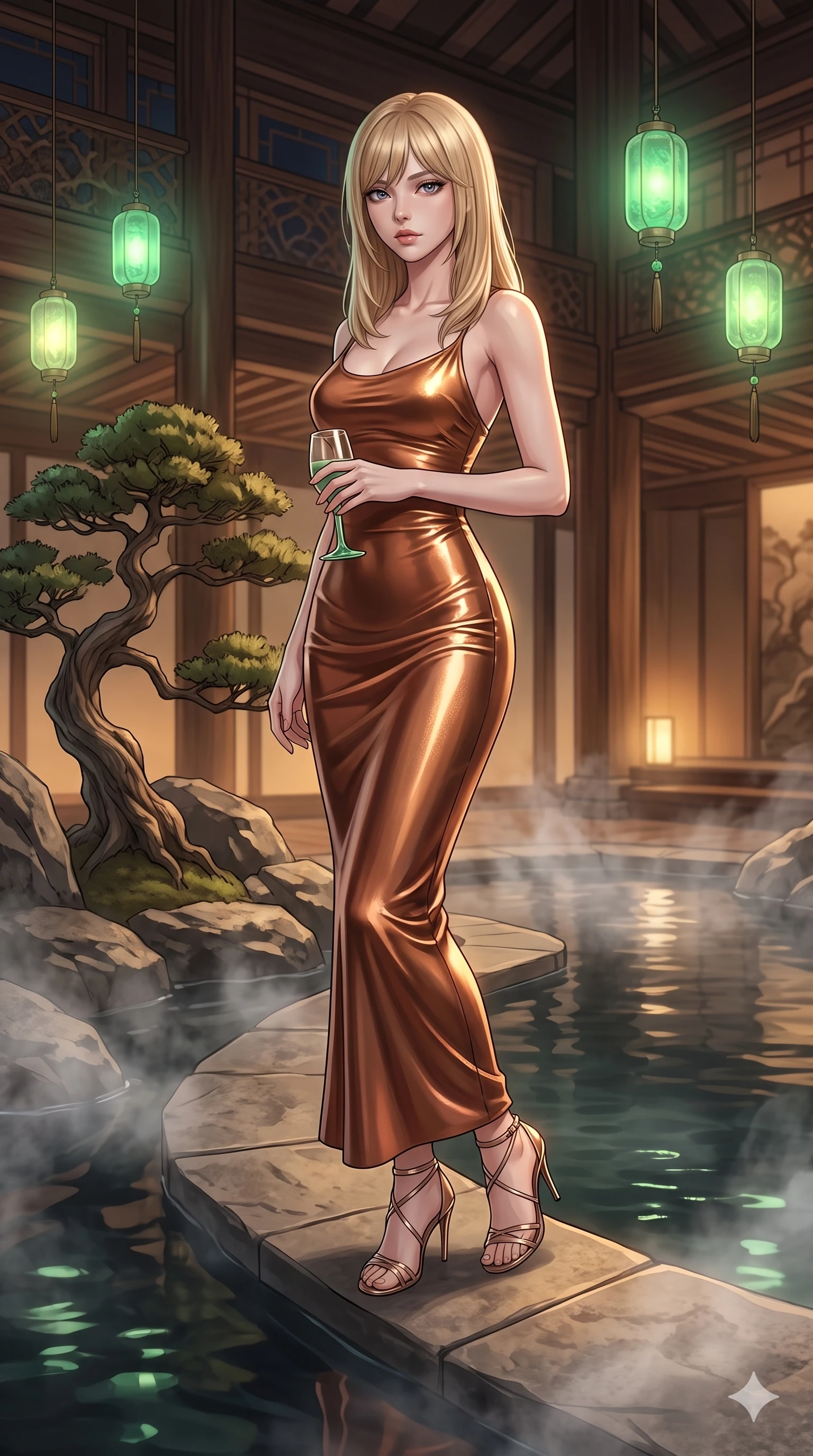 score_9, masterpiece, best quality, ultra-detailed, high-budget anime keyframe, semi-realistic 3D game render, editorial fashion photography, tasteful artistic composition, Japanese woman. low angle full-body shot from head to toe showing her feet, filling the entire 9:16 vertical frame with her statuesque presence, stretching her vertical silhouette. sitting on the black basalt rock rim of the steaming geothermal lagoon, water droplets beading on her flat midriff and curvy hips while standing poised beside the sculptural bonsai alcove, arching her lower back with sovereign supermodel poise while holding a jade-stemmed glass. The surrounding environment is rendered in vivid detail and crisp panoramic clarity: intricate second-skin silk dress tailoring, jeweled clasp hardware, and luxury Oriental modern interior design in razor-sharp precision. She has an exceptionally tall and slender model-like 8.5-heads proportion, an ultra-slim waist, a flat toned midriff, narrow delicate ribcage, and beautifully sculpted feminine hips creating a graceful, slim hourglass silhouette without any bulky heaviness, with impossibly long slender legs. sharp v-shaped jawline, high-bridge nose, intricate jewel-like sparkling eyes with depth, thick eyelashes, glossy parted lips with a natural sheen, intensely captivating and seductive bedroom-eyes expression, exuding both youthful cute charm and sovereign luxury allure, flawlessly proportioned anatomical accuracy, strict slender model proportions, natural body alignment, perfectly sculpted long slender limbs, ultra-slim waistline, clean dynamic posture without body distortion. wearing a form-fitting liquid mercury jersey evening dress clinging smoothly to her narrow waist and rounded hips in rich copper bronze and warm amber, made of fluid liquid jersey with seamless sculpting hold and smooth contours, complemented by strappy stiletto sandals with metallic ankle wraps accentuating her slender calves, the form-contouring cut accentuating her sculpted flat midriff, narrow delicate ribcage, and gracefully curvy hips with intoxicating allure. bathed in the ethereal, soothing emerald-green luminescence of hanging jade lanterns combined with warm amber interior lighting. highly saturated vibrant anime colors, detailed shading with soft gradients, rich glossy textures, high-contrast stereoscopic depth, volumetric dynamic lighting, master piece, 9:16 ratio