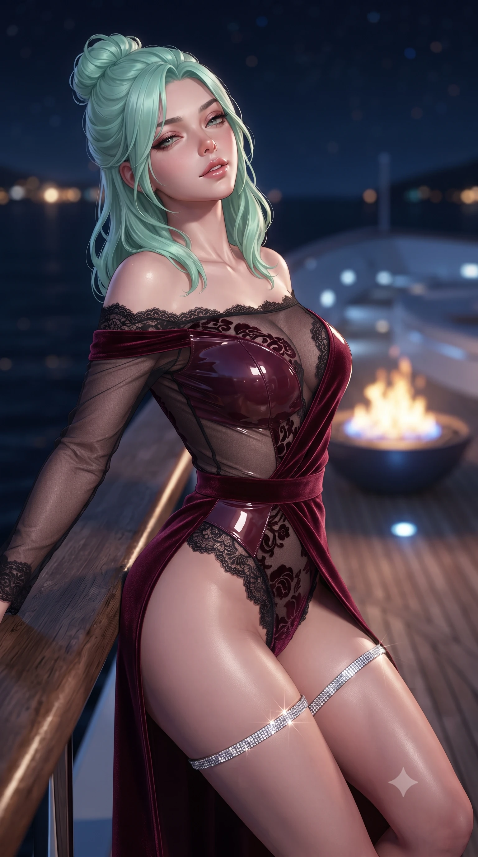 score_9, masterpiece, best quality, ultra-detailed, high-budget anime keyframe, editorial fashion photography, tasteful artistic composition, Japanese woman. close-up cowboy shot from the waist and thighs up, the character dominates the composition, filling the frame with her large presence. leaning back against the balustrade with relaxed seductive grace, head tilted back slightly while casting a hypnotic, heavy-lidded gaze while twisting her slender torso in an alluring S-curve, dancing gas flames and Caribbean night breezes molding her dress to her curves. The background shows a soft-focus clean blue-and-yellow gas fire bowl flames, sleek bow lines of the yacht, and dark Caribbean sea blurred into honey, sapphire, and starlight bokeh. She has an exceptionally elegant, slender, and willowy female figure with an ultra-slim waist, flat toned midriff, narrow ribcage, and sculpted feminine hips creating an alluring, slim hourglass silhouette without bulk. sharp v-shaped jawline, high-bridge nose, sparkling eyes with hypnotic seductive depth, thick curled eyelashes, glossy parted lips with a natural dewy peach sheen, alluring bedroom-eyes with an enchanting coquettish smile, exuding magnetic siren charisma and sophisticated glamour, flawlessly proportioned anatomical accuracy, strict slender model proportions, natural body alignment, perfectly sculpted long slender limbs, ultra-slim waistline, clean dynamic posture without body distortion. wearing an off-the-shoulder sheer-illusion mesh bodysuit with strategic velvet flocking and high-cut leg openings in deep bordeaux velvet and delicate black chantilly, crafted from wet-look high-gloss vinyl fabric with dazzling specular surface reflections, finished with delicate crystal-encrusted thigh garter straps glinting in the dim light, the high-slit wrap tailoring accentuating her ultra-slim waistline and the enchanting curve of her feminine hips with alluring seductive charm. bathed in the warm dancing glow of the central fire table combined with subtle blue deck courtesy lights. ultra-reflective glossy finish, specular highlights, rich textural contrasts, high-contrast stereoscopic depth, volumetric dynamic lighting, 2k, ultra detail, master piece, 9:16 ratio