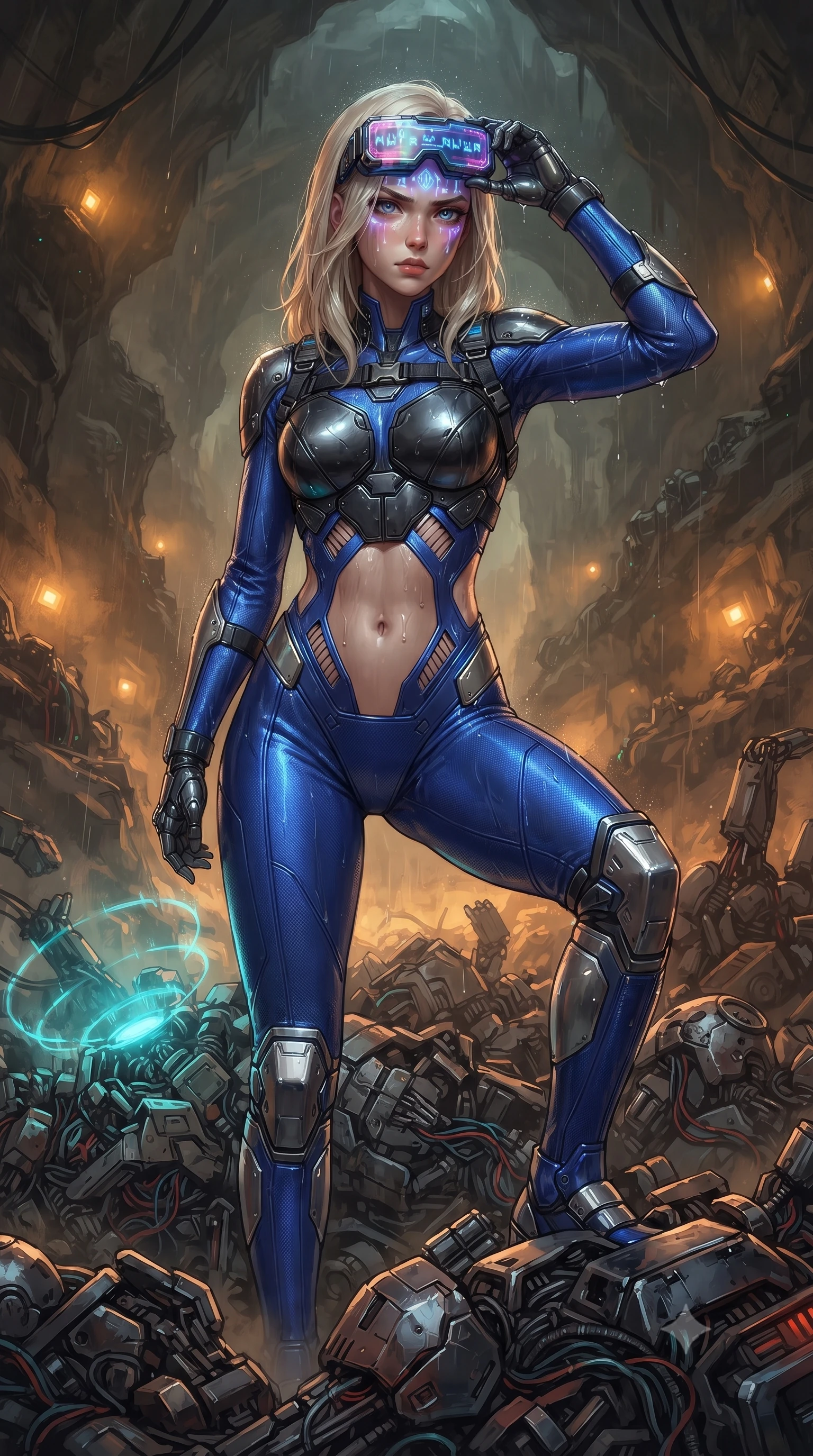 score_9, masterpiece, best quality, ultra-detailed, high-budget anime keyframe, editorial fashion photography, tasteful artistic composition, Caucasian woman. close-up cowboy shot from the waist and thighs up, the character dominates the composition, filling the frame with her large presence. tilting her head slightly with solemn warrior composure, sweat and rain glistening on her sculpted collarbones and high-bridge nose while standing poised atop a mountain of discarded cybernetic android chassis in a vast subterranean industrial cavern. The surrounding environment is rendered in vivid detail and crisp panoramic clarity. intricate knuckle shock-absorber joints, cavern stone strata, and wire bundles in high resolution. She has an exceptionally elegant, slender, and willowy female figure with an ultra-slim waist, a gracefully sculpted slender torso, toned flat midriff, and a refined slim silhouette. sharp v-shaped jawline, high-bridge nose, intricate jewel-like eyes with depth, thick eyelashes, glossy lips with a natural sheen, fierce and resolute heroine expression, flawlessly proportioned anatomical accuracy, strict slender model proportions, natural body alignment, perfectly sculpted long slender limbs, ultra-slim waistline, clean dynamic posture without body distortion. wearing high-tech holographic tactical goggles resting tipped up on her forehead, casting glowing neon runes across her brow without obscuring her features, paired with a form-contouring high-mobility battle-suit featuring sculpted carbon chest plating, diagonal midriff ventilation cutouts, and kinetic knee vambraces in electric cobalt blue carbon with brushed platinum tactical trim, crafted from ultra-strong woven carbon-fiber composite with battle-tested satin luster, reinforced by a heavy-duty titanium tactical harness and glowing micro-energy status straps, the liquid-tight tailored fabric emphasizing every curve of her tall, slender model proportions and sculptured silhouette during dynamic movement. bathed in atmospheric amber emergency lighting and pulsing cyan sonar crown glow. ultra-reflective glossy finish, specular highlights, dark metallic sheen, high-contrast stereoscopic depth, volumetric dynamic lighting, 2k, ultra detail, master piece, 9:16 ratio