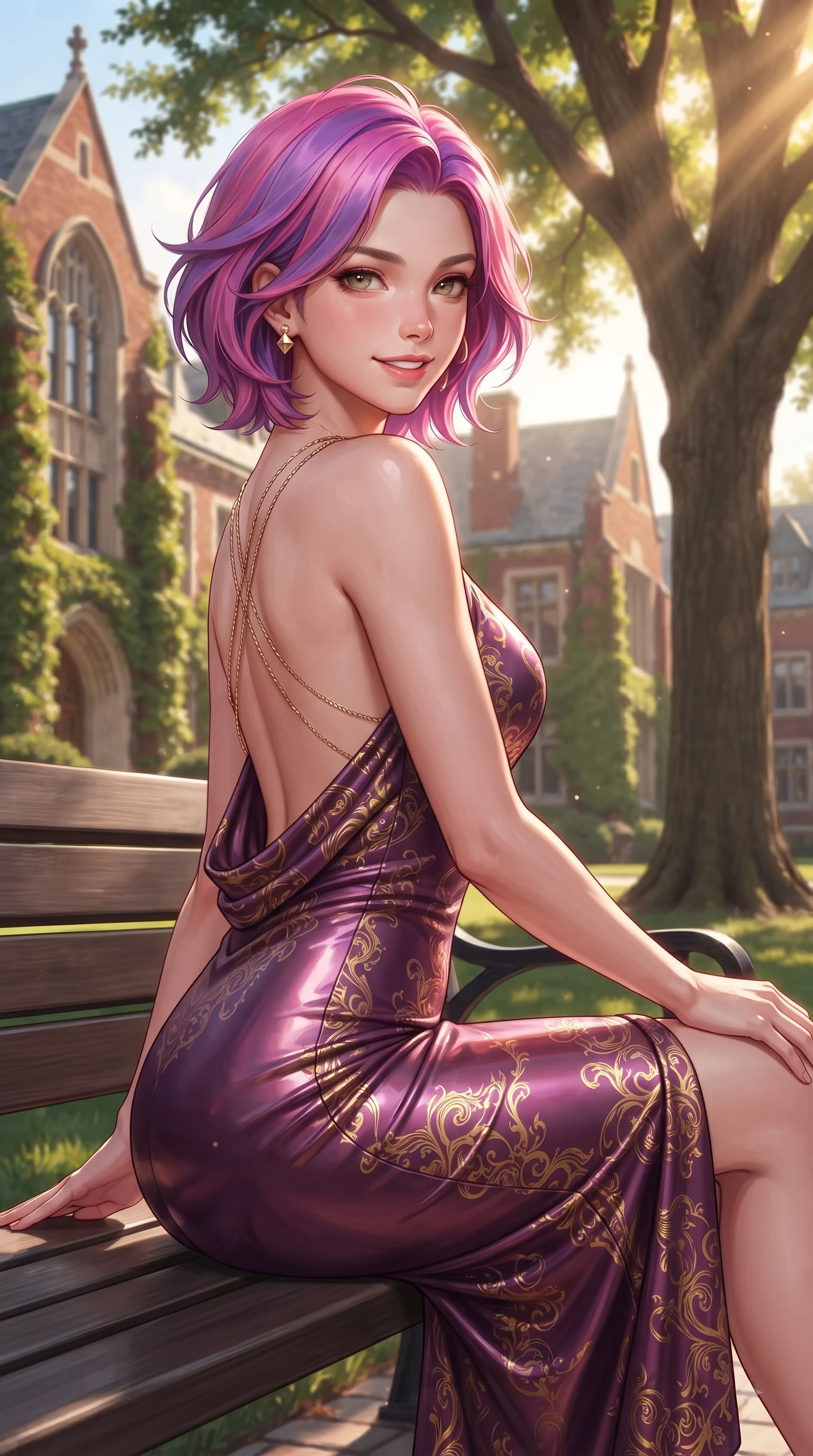 score_9, masterpiece, best quality, ultra-detailed, high-budget anime keyframe, editorial fashion photography, tasteful artistic composition, Caucasian woman. close-up cowboy shot from the waist and thighs up, the character dominates the composition, filling the frame with her large presence, background elements kept in soft focus. Gazing directly into the camera with a fresh, infectious smile as her torso curves dynamically in mid-stride while sitting gracefully on a wooden bench under a towering oak tree on a sunlit college campus, red-brick Gothic university architecture covered in green ivy reflecting warm sunbeams. She has an exceptionally elegant, slender, and willowy female figure with an ultra-slim waist, a gracefully sculpted slender torso, and a refined silhouette. sharp v-shaped jawline, high-bridge nose, intricate jewel-like eyes with depth, thick eyelashes, glossy lips with a natural sheen, flawlessly proportioned anatomical accuracy, natural body alignment, perfectly sculpted elegant limbs, clean dynamic posture without body distortion. wearing a precision-fitted liquid jersey bodycon dress with a graceful draped back in plum purple and gold filigree, formed from sleek second-skin neoprene, complemented by criss-cross back straps highlighting her bare shoulders, the form-contouring material highlighting her ultra-slim waist and long lines. surrounded by an uplifting, youthful university campus ambiance. ultra-reflective glossy finish, specular highlights, metallic sheen, high-contrast stereoscopic depth, volumetric dynamic lighting, 2k, ultra detail, master piece, 9:16 ratio