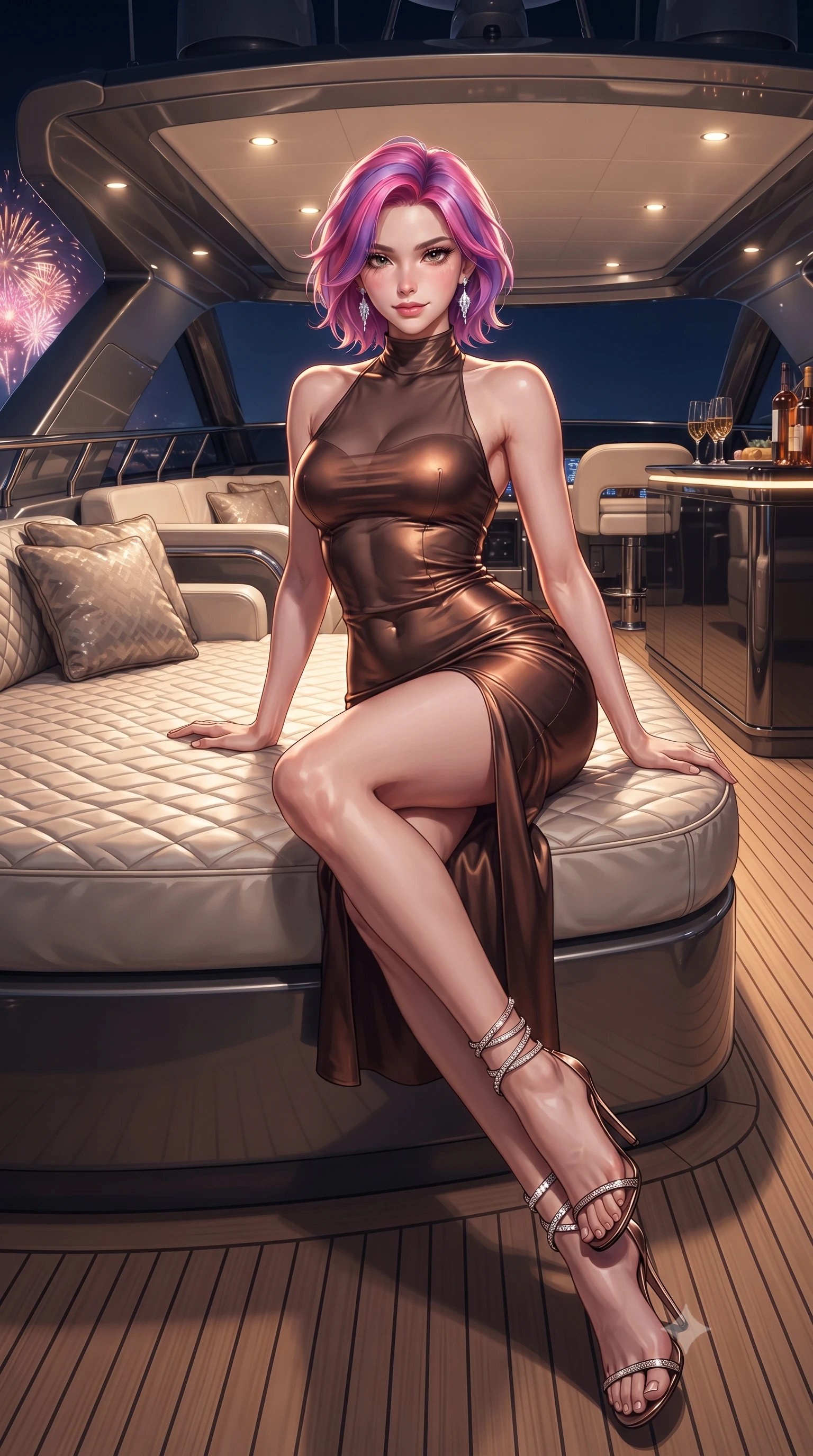 score_9, masterpiece, best quality, ultra-detailed, high-budget anime keyframe, editorial fashion photography, tasteful artistic composition, Caucasian woman. low angle full-body shot from head to toe showing her feet, filling the entire 9:16 vertical frame with her statuesque presence, stretching her vertical silhouette. lounging on the lavish daybed with legs crossed and hips angled toward the camera, displaying her toned midriff and long slender limbs with effortless siren poise while twisting her slender torso in an alluring contrapposto stance, pyrotechnic colors and yacht deck lights tracing her hourglass curves. The surrounding environment is rendered in vivid detail and crisp panoramic clarity: detailed plunging cowl-neck metallic gown cling, diamond earrings sparkle, and luxury yacht flybridge engineering in razor-sharp precision. She has an absolutely perfect, statuesque 8.5-heads proportion, an exceptionally tall and slender model-like female figure with impossibly long slender legs, an ultra-slim waist, a flat toned midriff, narrow delicate ribcage, and beautifully sculpted feminine hips creating a graceful, slim hourglass silhouette without any bulky heaviness. sharp v-shaped jawline, high-bridge nose, sparkling eyes with hypnotic seductive depth, thick curled eyelashes, glossy parted lips with a natural dewy peach sheen, alluring bedroom-eyes with an enchanting coquettish smile, exuding magnetic siren charisma and sophisticated glamour, flawlessly proportioned anatomical accuracy, strict slender model proportions, natural body alignment, perfectly sculpted long slender limbs, ultra-slim waistline, clean dynamic posture without body distortion. wearing a provocative high-neck sheer illusion cocktail dress with liquid satin ribbons contouring her curves in sultry espresso bronze and metallic copper, crafted from fluid liquid silk satin that clings smoothly to every curve with a dewy sheen, complemented by strappy stiletto sandals with crystal ankle wraps accentuating her slender calves, the liquid-tight tailored fabric clinging flawlessly to her narrow waist and rounded feminine hips, emphasizing every millimeter of her sculpted slim hourglass curves without any bulky heaviness. illuminated by high-gloss bar surface bounce and sharp festive-gold rim lights sculpting her jawline, flat midriff, and curvy hips. ultra-reflective glossy finish, specular highlights, rich textural contrasts, high-contrast stereoscopic depth, volumetric dynamic lighting, 2k, ultra detail, master piece, 9:16 ratio