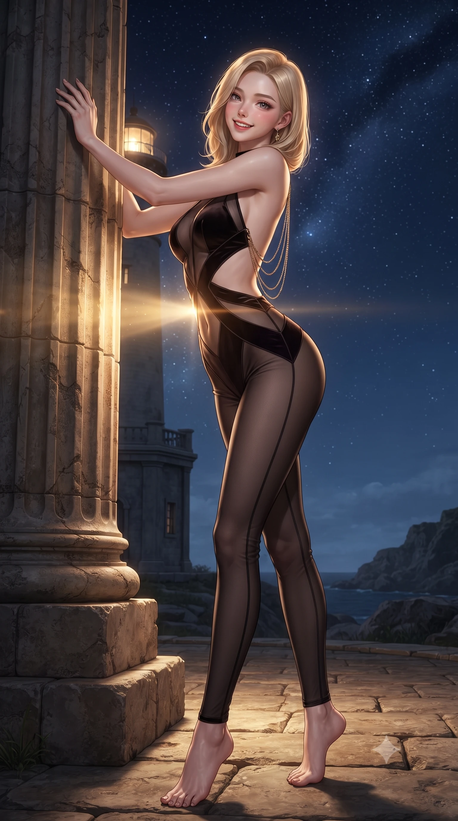 score_9, masterpiece, best quality, ultra-detailed, high-budget anime keyframe, editorial fashion photography, tasteful artistic composition, Korean woman. low angle full-body shot from head to toe showing her feet, filling the entire 9:16 vertical frame with her statuesque presence, stretching her vertical silhouette. standing tall beside the architectural column, one hand resting high while arching her lower back to emphasize her sculpted feminine hips and slender waist while twisting her slender torso in an alluring S-curve, periodic sweeping lighthouse beams casting radiant flashes across her flat midriff and hips. The surrounding environment is rendered in vivid detail and crisp panoramic clarity: detailed delicate semi-sheer macramé lace teddy with scalloped edges, open sides, and cape lighthouse architecture in razor-sharp precision. She has an exceptionally tall and slender model-like 8.5-heads proportion, an ultra-slim waist, a flat toned midriff, narrow delicate ribcage, and beautifully sculpted feminine hips creating a graceful, slim hourglass silhouette without any bulky heaviness, with impossibly long slender legs. sharp v-shaped jawline, high-bridge nose, intricate jewel-like sparkling eyes with depth, thick eyelashes, glossy parted lips with a natural peach sheen, bright cheerful beaming smile with an enchanting and coquettish sensual glint, exuding both youthful cute charm and seductive allure, flawlessly proportioned anatomical accuracy, strict slender model proportions, natural body alignment, perfectly sculpted long slender limbs, ultra-slim waistline, clean dynamic posture without body distortion. wearing a provocative backless sheer illusion halter catsuit with strategic velvet geometric panels hugging her hourglass waist in Hannam-dong glowing amber and rich dark espresso, tailored from ultra-plush silk velvet with rich tactile depth and deep shadow gradients, accented with an open-back drape framed by falling strands of delicate gold chains, the precision-cut side openings and low-back scoop framing her graceful spine and the sensual sweep of her slim, toned hips. bathed in the periodic sweeping golden glow of the historic lighthouse beam contrasted with deep nocturnal sky and starlight. ultra-reflective glossy finish, specular highlights, rich textural contrasts, high-contrast stereoscopic depth, volumetric dynamic lighting, 2k, ultra detail, master piece, 9:16 ratio