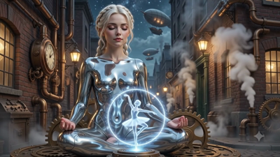 A high-quality 8-second cinematic video. A woman in a reflective chrome bodysuit is meditating in a steampunk workshop filled with rotating brass gears and rising steam. In front of her, a tiny glowing holographic dancer performs a graceful pirouette