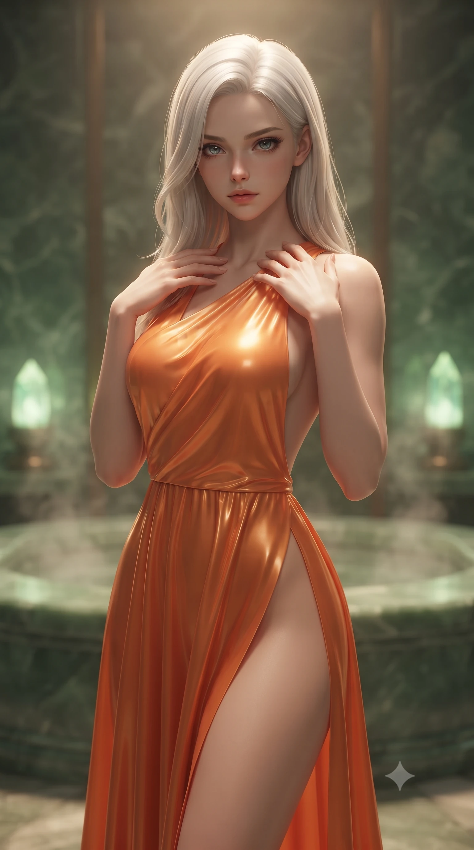 score_9, masterpiece, best quality, ultra-detailed, high-budget anime keyframe, editorial fashion photography, tasteful artistic composition, Caucasian woman. close-up cowboy shot from the waist and thighs up, the character dominates the composition, filling the frame with her large presence, background elements kept in soft focus. standing in a relaxed, elegant posture with both hands resting lightly on her collarbone, looking at the viewer with bedroom-eyes, the background shows a soft-focus a jade stone sanctuary chamber with steam vents and green crystal lamps. She has an exceptionally elegant, slender, and willowy female figure with an ultra-slim waist, a gracefully sculpted slender torso, and a refined silhouette. sharp v-shaped jawline, high-bridge nose, intricate jewel-like eyes with depth, thick eyelashes, glossy lips with a natural sheen. wearing a tailored high-slit space combat gown in sunset orange chiffon, featuring a daring thigh-slit and an open-back design. low-contrast, soft warm ambient uplight casting a peaceful, gold glow. ultra-reflective glossy finish, specular highlights, metallic sheen, high-contrast stereoscopic depth, volumetric dynamic lighting, 2k, ultra detail, master piece, 9:16 ratio