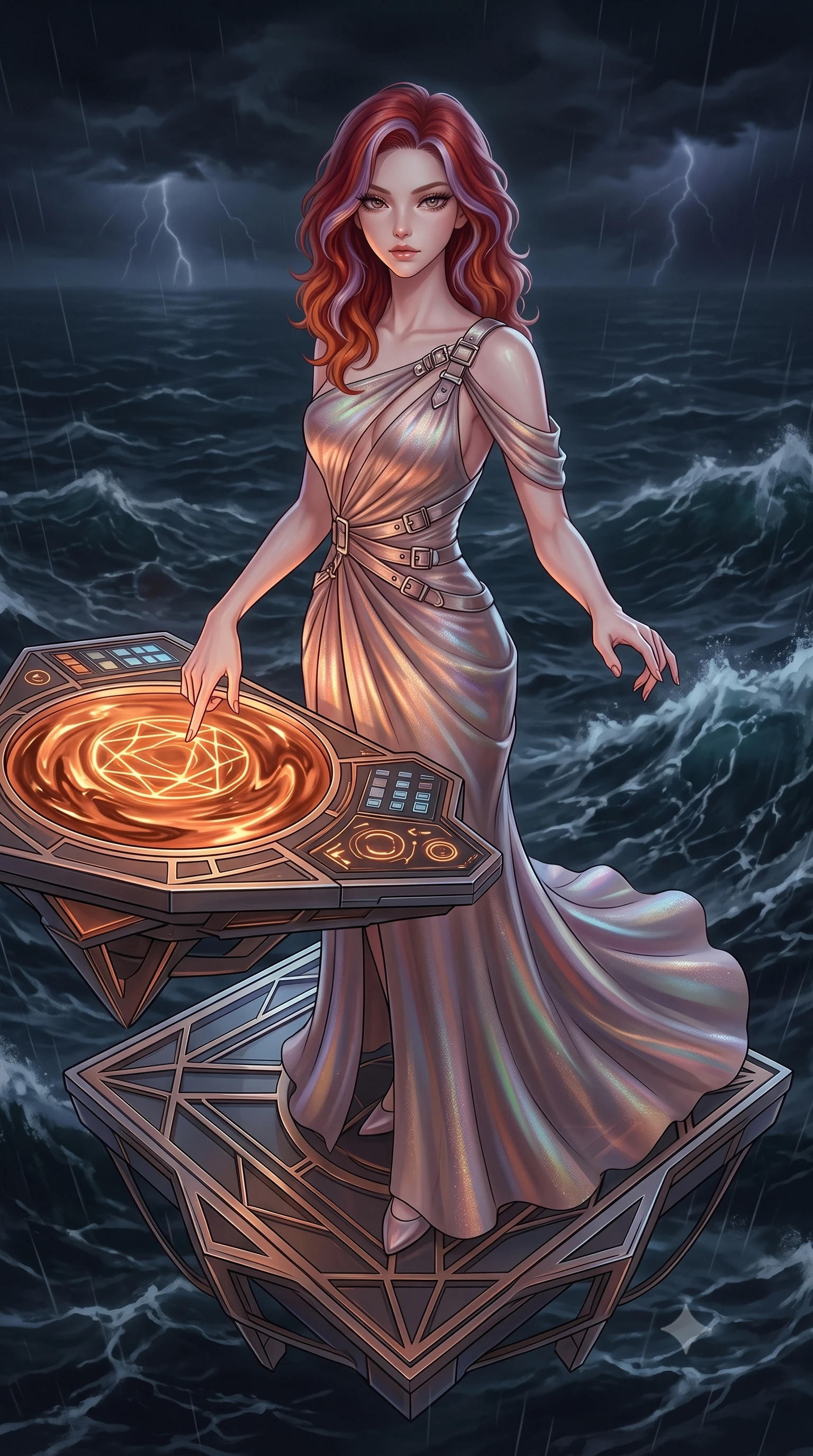 score_9, masterpiece, best quality, ultra-detailed, High-budget Anime Keyframe, Caucasian woman, strictly human ears. Dynamic full-body shot stretching the vertical silhouette to the limit. Scenario 371: tracing geometric patterns in a pool of warm liquid copper inside a floating platform suspended over a stormy sea of dark blue water. Her presence is magnetic and overpowering in this high-budget anime scene. Outfit 371: a tailored shimmering chiffon long with a low-cut shoulder and metallic buckles. The clothing is designed to emphasize her exceptionally tall and slender 8-heads proportion. 8-heads proportion, towering silhouette, ultra-slim waist. sharp v-shaped jawline, intricate jewel-like eyes with depth, thick eyelashes, glossy lips. 2k, ultra detail, master piece, 9:16 ratio