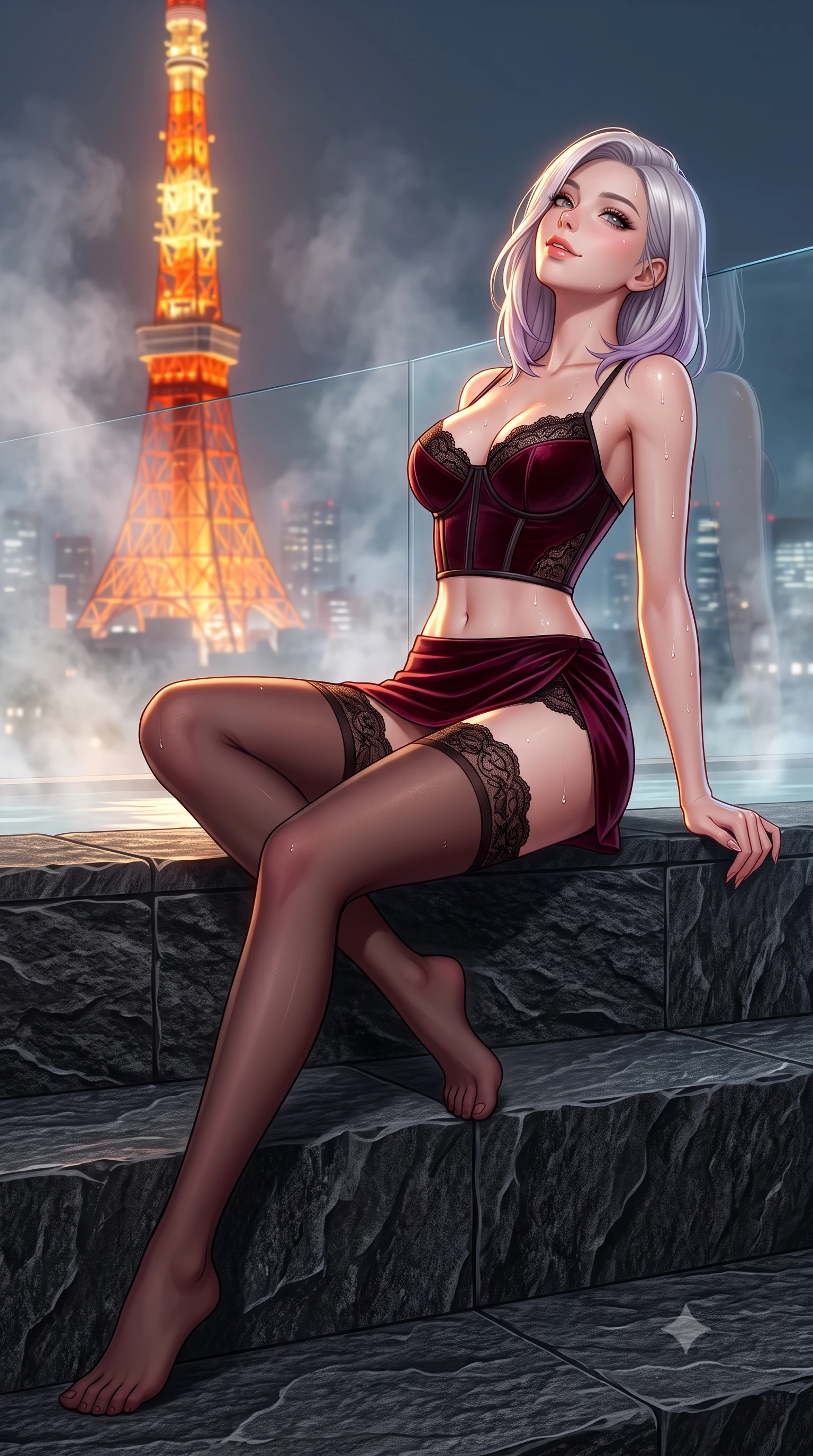 score_9, masterpiece, best quality, ultra-detailed, high-budget anime keyframe, semi-realistic 3D game render, editorial fashion photography, tasteful artistic composition, Caucasian woman. low angle full-body shot from head to toe showing her feet, filling the entire 9:16 vertical frame with her statuesque presence, stretching her vertical silhouette. sitting poised on the stone steps with one knee bent, arching her spine with supermodel elegance as she glances upward through thick eyelashes while leaning against the infinity edge glass barrier with hips cocked back, looking through rising mineral steam toward the blazing orange Tokyo Tower. The surrounding environment is rendered in vivid detail and crisp panoramic clarity: sharp flamed black basalt stone textures, glistening mineral water drops on smooth skin, and razor-sharp Tokyo Tower structural lattice in deep focus. She has an absolutely perfect, statuesque 8.5-heads proportion, an exceptionally tall and slender model-like female figure with impossibly long slender legs, an ultra-slim waist, a flat toned midriff, narrow delicate ribcage, and beautifully sculpted feminine hips creating a graceful, slim hourglass silhouette without any bulky heaviness. sharp v-shaped jawline, high-bridge nose, sparkling eyes with hypnotic seductive depth, thick curled eyelashes, glossy parted lips with a natural dewy peach sheen, alluring bedroom-eyes with an enchanting coquettish smile, exuding magnetic siren charisma and sophisticated glamour, flawlessly proportioned anatomical accuracy, strict slender model proportions, natural body alignment, perfectly sculpted long slender limbs, ultra-slim waistline, clean dynamic posture without body distortion. wearing a structured boned leatherette corset bodice paired with an ultra-short micro-wrap mini skirt and sheer thigh-high stockings in deep bordeaux velvet and delicate black chantilly, tailored from ultra-plush velvet with rich tactile depth and deep shadow gradients, finished with glistening drops of hot spring water beading across her sculpted shoulders and collarbones, the high-slit wrap tailoring accentuating her ultra-slim waistline and the enchanting curve of her feminine hips with alluring seductive charm. illuminated by steam cloud light scatter and sharp electric-amber rim lights sculpting her jawline, flat midriff, and voluptuous hip curves. highly saturated vibrant anime colors, detailed shading with soft gradients, rich glossy textures, high-contrast stereoscopic depth, volumetric dynamic lighting, master piece, 9:16 ratio