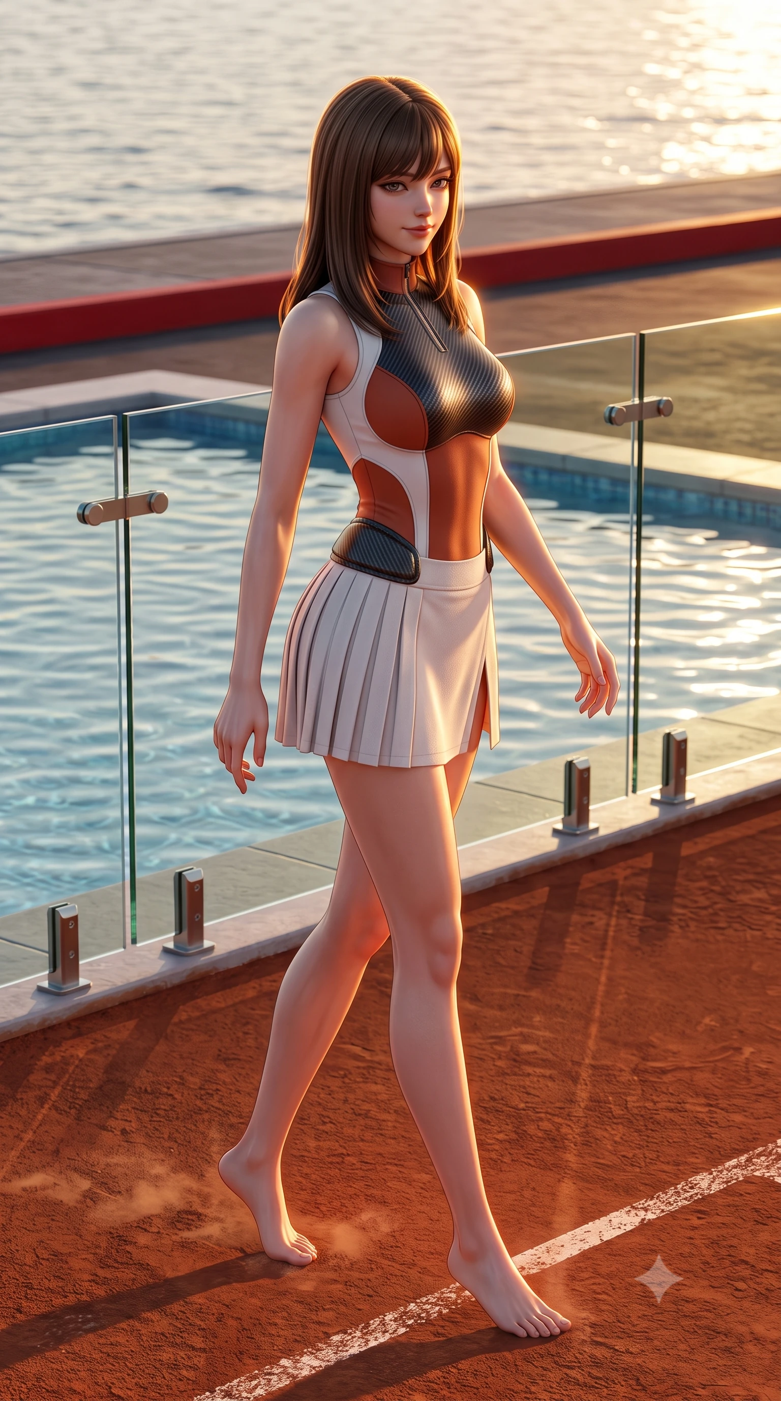 score_9, masterpiece, best quality, ultra-detailed, high-budget anime keyframe, semi-realistic 3D game render, editorial fashion photography, tasteful artistic composition, Korean woman. low angle full-body shot from head to toe showing her feet, filling the entire 9:16 vertical frame with her statuesque presence, stretching her vertical silhouette. walking slowly along the clay court baseline, looking back over her shoulder with an air of effortless grace and an alluring, smoldering smile while twisting her slender torso in an alluring S-curve as Mediterranean sunset rays trace her form-fitting athletic outfit and curvy hips. The surrounding environment is rendered in vivid detail and crisp panoramic clarity: sharp red curb paint texture, glass balustrade clarity, and bubbling pool water surface ripples in deep focus. She has an absolutely perfect, statuesque 8.5-heads proportion, an exceptionally tall and slender model-like female figure with impossibly long slender legs, an ultra-slim waist, a flat toned midriff, narrow delicate ribcage, and beautifully sculpted feminine hips creating a graceful, slim hourglass silhouette without any bulky heaviness. sharp v-shaped jawline, high-bridge nose, sparkling eyes with athletic focus and depth, thick curled eyelashes, glossy parted lips with a natural coral-peach sheen, bright confident and coquettish smile with alluring bedroom-eyes, exuding both youthful sporty vigor and sovereign high-society glamour, flawlessly proportioned anatomical accuracy, strict slender model proportions, natural body alignment, perfectly sculpted long slender limbs, ultra-slim waistline, clean dynamic posture without body distortion. wearing a sleeveless high-collar racing bodysuit with carbon-fiber chestplate accents and a pleated wrap tennis skirt with side hip slit in classic clay-court terracotta and cloud white, tailored from ultra-soft fine cashmere yarn with an airy athletic drape, accented with sleek aerodynamic carbon-fiber hip pads framing her narrow waist, the liquid-tight tailored fabric clinging flawlessly to her narrow waist and rounded feminine hips, emphasizing every millimeter of her sculpted slim hourglass curves without any bulky heaviness. bathed in molten golden hour sunset light reflecting off the Mediterranean Sea and hotel glass. highly saturated vibrant anime colors, detailed shading with soft gradients, rich glossy textures, high-contrast stereoscopic depth, volumetric dynamic lighting, master piece, 9:16 ratio