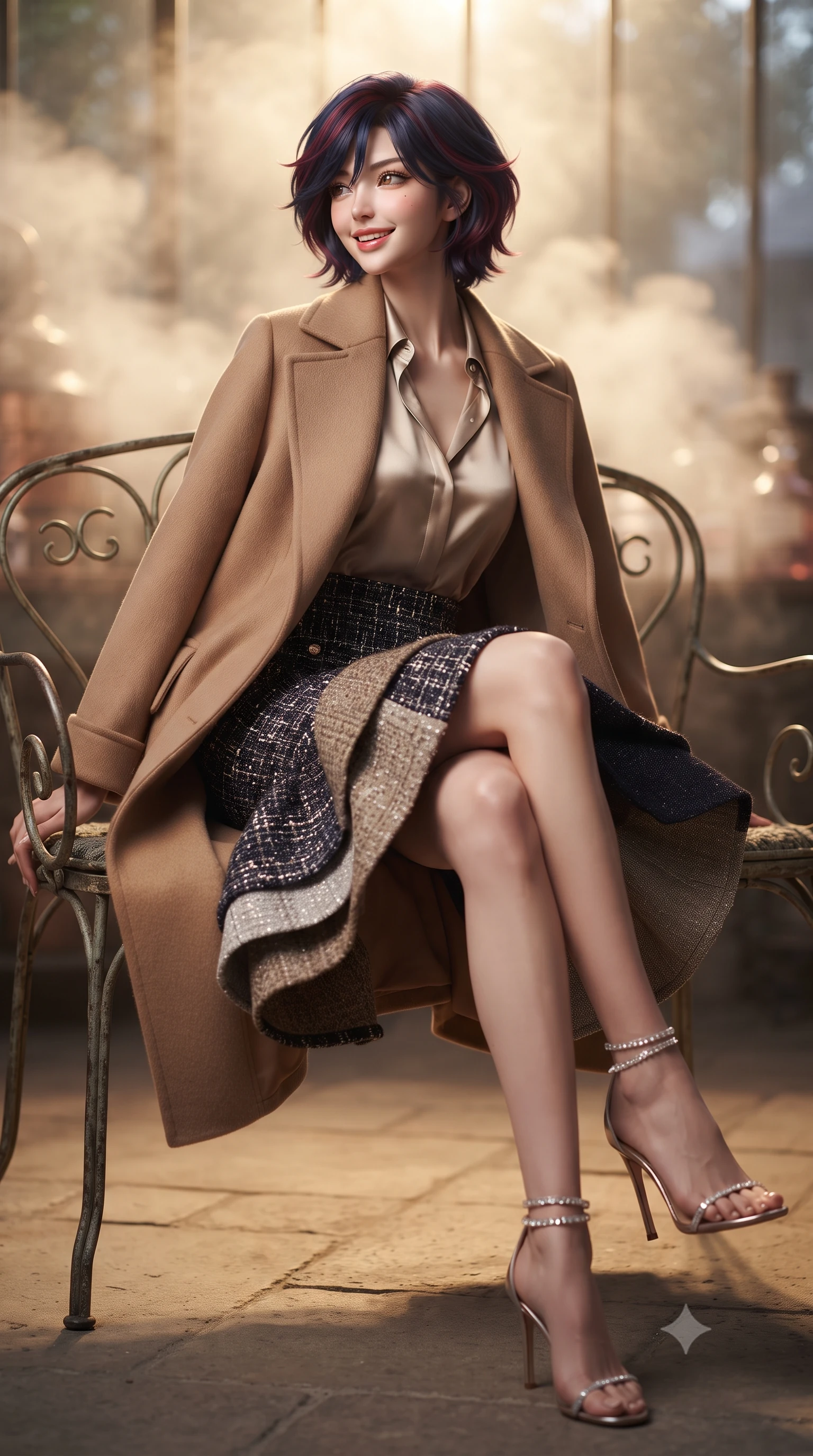 score_9, masterpiece, best quality, ultra-detailed, high-budget anime keyframe, editorial fashion photography, tasteful artistic composition, Korean woman. low angle full-body shot from head to toe showing her feet, filling the entire 9:16 vertical frame with her statuesque presence, stretching her vertical silhouette. executing a slow, graceful pivot turn as her skirt sways around her slender legs, glancing back with an enchanting, teasing sensual expression while sitting gracefully on the wrought-iron garden settee with legs crossed, flashing a radiant, playful smile with parted glossy lips. The background shows a soft-focus gentle rosewater distillation steam softened in historic French atelier shallow focus. She has an exceptionally tall and slender model-like 8.5-heads proportion, an ultra-slim waist, a flat toned midriff, narrow delicate ribcage, and beautifully sculpted feminine hips creating a graceful, slim hourglass silhouette without any bulky heaviness, with impossibly long slender legs. sharp v-shaped jawline, high-bridge nose, intricate jewel-like sparkling eyes with depth, thick eyelashes, glossy parted lips with a natural peach sheen, bright cheerful beaming smile with an enchanting and coquettish sensual glint, exuding both youthful cute charm and seductive allure, flawlessly proportioned anatomical accuracy, strict slender model proportions, natural body alignment, perfectly sculpted long slender limbs, ultra-slim waistline, clean dynamic posture without body distortion. wearing a structured double-faced camel hair wrap coat draped over a tailored silk blouse and pencil skirt in Joshua Tree Mojave obsidian and starlight platinum, woven from structured British tweed with subtle metallic flecks, complemented by strappy stiletto sandals with crystal ankle wraps accentuating her slender calves, the impeccably tailored cut draping gracefully along her slender figure with aristocratic poise. bathed in the warm golden 2500K glow of antique brass factory lamps mixed with silver moonlight through glass. ultra-reflective glossy finish, specular highlights, rich textural contrasts, high-contrast stereoscopic depth, volumetric dynamic lighting, 2k, ultra detail, master piece, 9:16 ratio