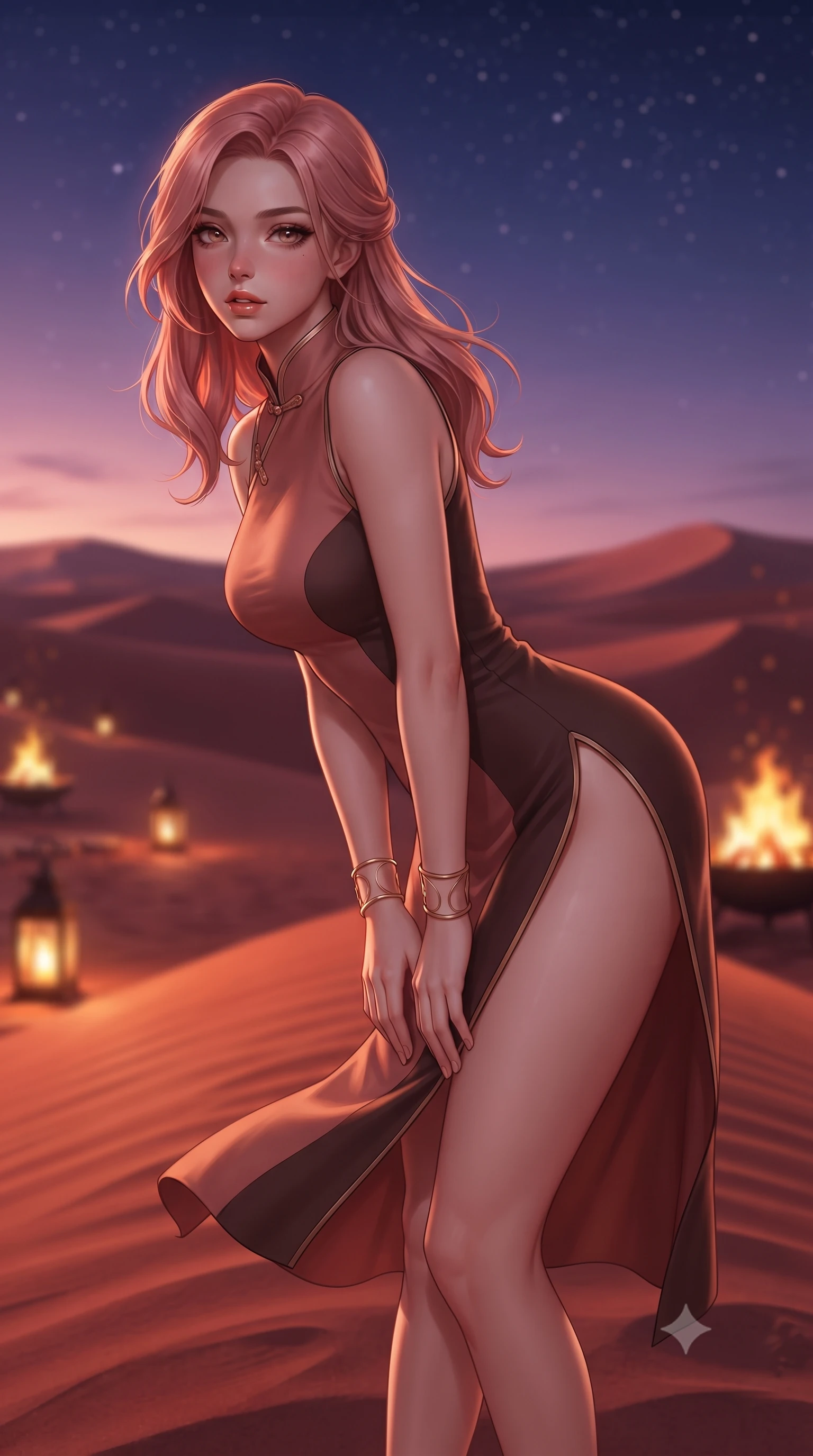score_9, masterpiece, best quality, ultra-detailed, high-budget anime keyframe, editorial fashion photography, tasteful artistic composition, Japanese woman. close-up cowboy shot from the waist and thighs up, the character dominates the composition, filling the frame with her large presence. leaning forward while arching her lower back to accentuate her curvy hips, looking into the camera with an intoxicating smoldering gaze and bedroom-eyes while standing poised atop the crest of a wind-sculpted red desert dune, arching her lower back as sunset winds flutter her gown around her slender legs. The background shows a soft-focus endless rolling red sand dunes under a starlit violet sky, glowing outdoor lantern pathways, and roaring fire pits blurred into amber, crimson, and deep indigo bokeh. She has an exceptionally elegant, slender, and willowy female figure with an ultra-slim waist, flat toned midriff, narrow ribcage, and sculpted feminine hips creating an alluring, slim hourglass silhouette without bulk. sharp v-shaped jawline, high-bridge nose, intricate jewel-like sparkling eyes with depth, thick eyelashes, glossy parted lips with a natural peach sheen, bright cheerful beaming smile with an enchanting and coquettish sensual glint, exuding both youthful cute charm and seductive allure, flawlessly proportioned anatomical accuracy, strict slender model proportions, natural body alignment, perfectly sculpted long slender limbs, ultra-slim waistline, clean dynamic posture without body distortion. wearing a modern cheongsam-inspired form-fitting sleeveless mini dress with mandarin collar and dramatic hip-high side slits in Milanese terracotta rose and warm espresso, made of fluid liquid jersey with seamless sculpting hold and smooth contours, accented with delicate golden wrist cuffs reflecting warm chandelier light, the glove-like clinging cut tightly following the natural contour of her hips and long slender legs with youthful 8.5-heads elegance. illuminated by red sand reflection bounce and sharp copper-gold rim lights sculpting her cheekbones, flat midriff, and slender waist. ultra-reflective glossy finish, specular highlights, rich textural contrasts, high-contrast stereoscopic depth, volumetric dynamic lighting, 2k, ultra detail, master piece, 9:16 ratio