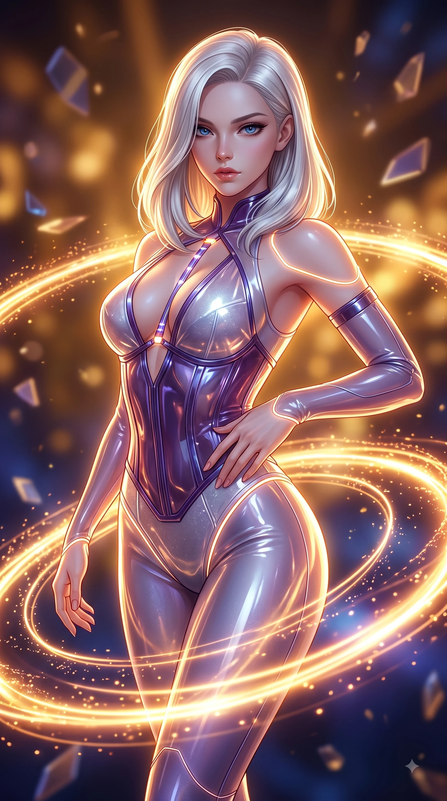 score_9, masterpiece, best quality, ultra-detailed, high-budget anime keyframe, semi-realistic 3D game render, editorial fashion photography, tasteful artistic composition, Caucasian woman. close-up cowboy shot from the waist and thighs up, the character dominates the composition, filling the frame with her large presence. twisting her upper body in a dynamic S-curve with an alluring smolder, one hand trailing along her slender waist while arching her body in zero-gravity as rings of magnetic particle acceleration illuminate her silhouette. The composition keeps background elements in soft focus with creamy bokeh. pulsating plasma rings and floating geometric shards blurred into intense golden-orange bokeh. She has an exceptionally elegant, slender, and willowy female figure with an ultra-slim waist, a gracefully sculpted slender torso, and a refined silhouette. sharp v-shaped jawline, high-bridge nose, intricate jewel-like eyes with depth, thick eyelashes, glossy lips with a natural sheen, flawlessly proportioned anatomical accuracy, natural body alignment, perfectly sculpted elegant limbs, clean dynamic posture without body distortion. wearing a translucent cybernetic corset in semi-opaque structured vinyl, combined with detached sleeves and a deep-plunging neckline secured by glowing micro-straps in dark amethyst purple and shimmering starlight silver, crafted from ultra-reflective second-skin latex with a glass-like polish, accented with glowing fiber-optic seams tracing her collarbones and hip curves, the form-contouring second-skin material highlighting her ultra-slim waist and long lines. illuminated by intense volumetric energy beams and high-contrast specular reflections. highly saturated vibrant anime colors, detailed shading with soft gradients, rich glossy textures, high-contrast stereoscopic depth, volumetric dynamic lighting, master piece, 9:16 ratio