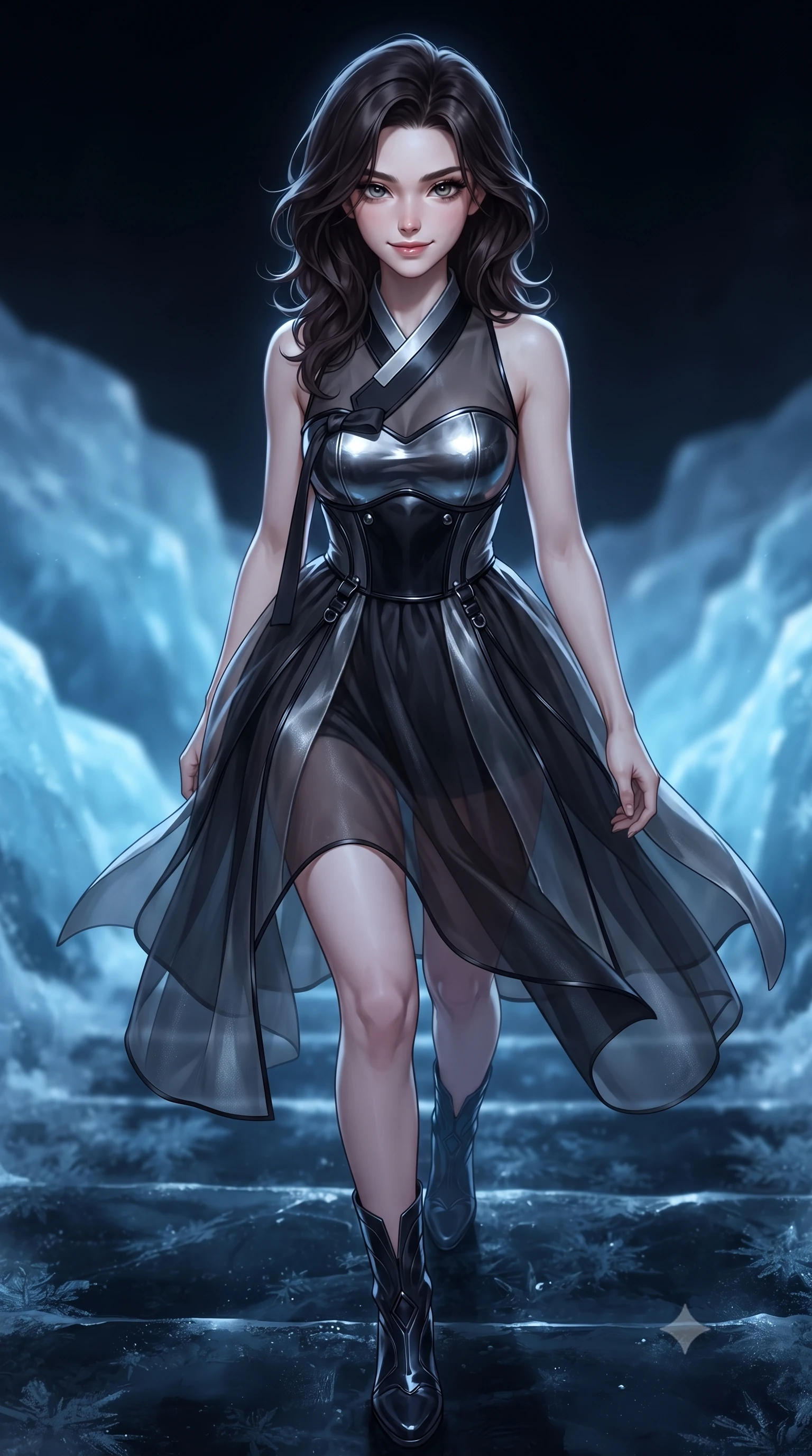 score_9, masterpiece, best quality, ultra-detailed, high-budget anime keyframe, editorial fashion photography, tasteful artistic composition, Korean woman. close-up cowboy shot from the waist and thighs up, the character dominates the composition, filling the frame with her large presence, background elements kept in soft focus. Smiling with quiet, magnetic self-assurance directly into the camera, ascending a frozen black ice staircase under a dark polar sky, crystallized shadow frost framing her slender vertical silhouette. She has an exceptionally elegant, slender, and willowy female figure with an ultra-slim waist, a gracefully sculpted slender torso, and a refined silhouette. sharp v-shaped jawline, high-bridge nose, intricate jewel-like eyes with depth, thick eyelashes, glossy lips with a natural sheen. wearing modern fusion dark hanbok dress with structured obsidian bodice in metallic dark silver, made of sculpted obsidian metallic chrome, adorned with minimalist black onyx hardware framing the silhouette, contouring every curve with an exceptionally elegant silhouette. lit by intense icy blue key light emerging from pitch-black glacial darkness. highly saturated vibrant anime colors, detailed shading with soft gradients, rich glossy textures, high-contrast stereoscopic depth, volumetric dynamic lighting, master piece, 9:16 ratio