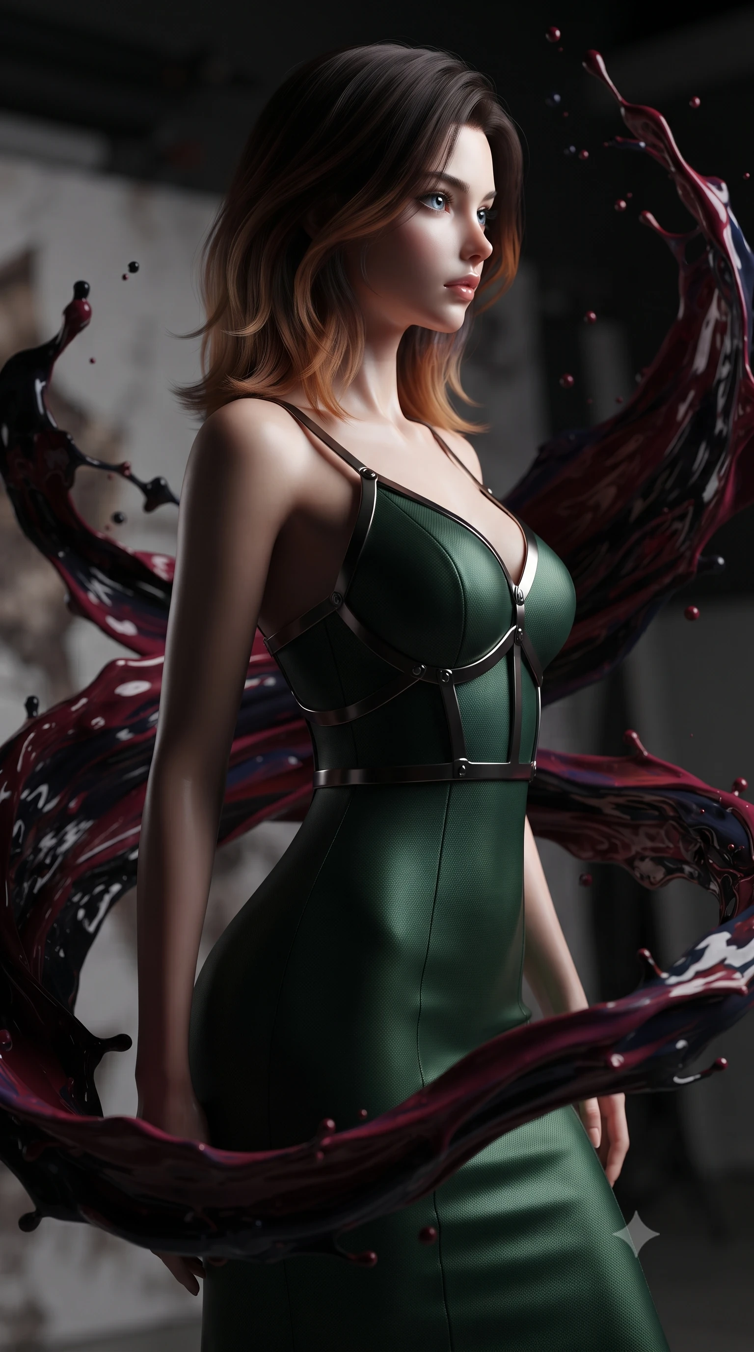 score_9, masterpiece, best quality, ultra-detailed, high-budget anime keyframe, editorial fashion photography, tasteful artistic composition, Korean woman. close-up cowboy shot from the waist and thighs up, the character dominates the composition, filling the frame with her large presence, background elements kept in soft focus. Turning her face in sharp dramatic profile against the moody key light, standing surrounded by zero-gravity swirls of dark crimson and obsidian liquid paint, viscous swirls of dark burgundy, navy, and obsidian paint frozen mid-air. She has an exceptionally elegant, slender, and willowy female figure with an ultra-slim waist, a gracefully sculpted slender torso, and a refined silhouette. sharp v-shaped jawline, high-bridge nose, intricate jewel-like eyes with depth, thick eyelashes, glossy lips with a natural sheen. wearing form-contouring dark crimson liquid silk long slip dress in deep emerald green, made of matte carbon-fiber weave, highlighted by a gunmetal metallic harness structure, accentuating her gracefully sculpted slender torso. bathed in deep crimson and navy fluid reflections against pitch-black shadows. ultra-reflective glossy finish, specular highlights, metallic sheen, high-contrast stereoscopic depth, volumetric dynamic lighting, 2k, ultra detail, master piece, 9:16 ratio