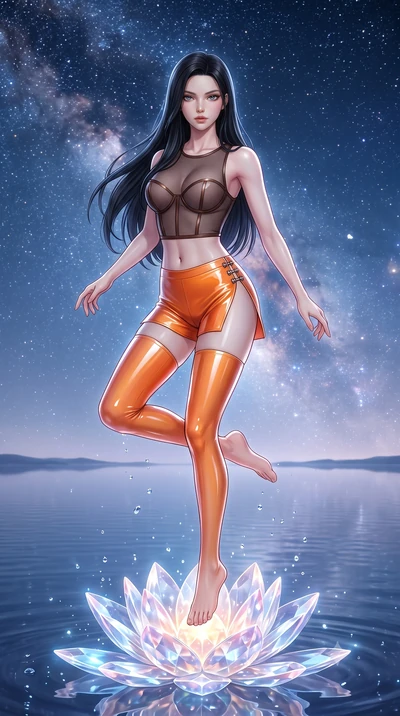 score_9, masterpiece, best quality, ultra-detailed, high-budget anime keyframe, semi-realistic 3D game render, editorial fashion photography, tasteful artistic composition, Korean woman. low angle full-body shot from head to toe showing her feet, fil