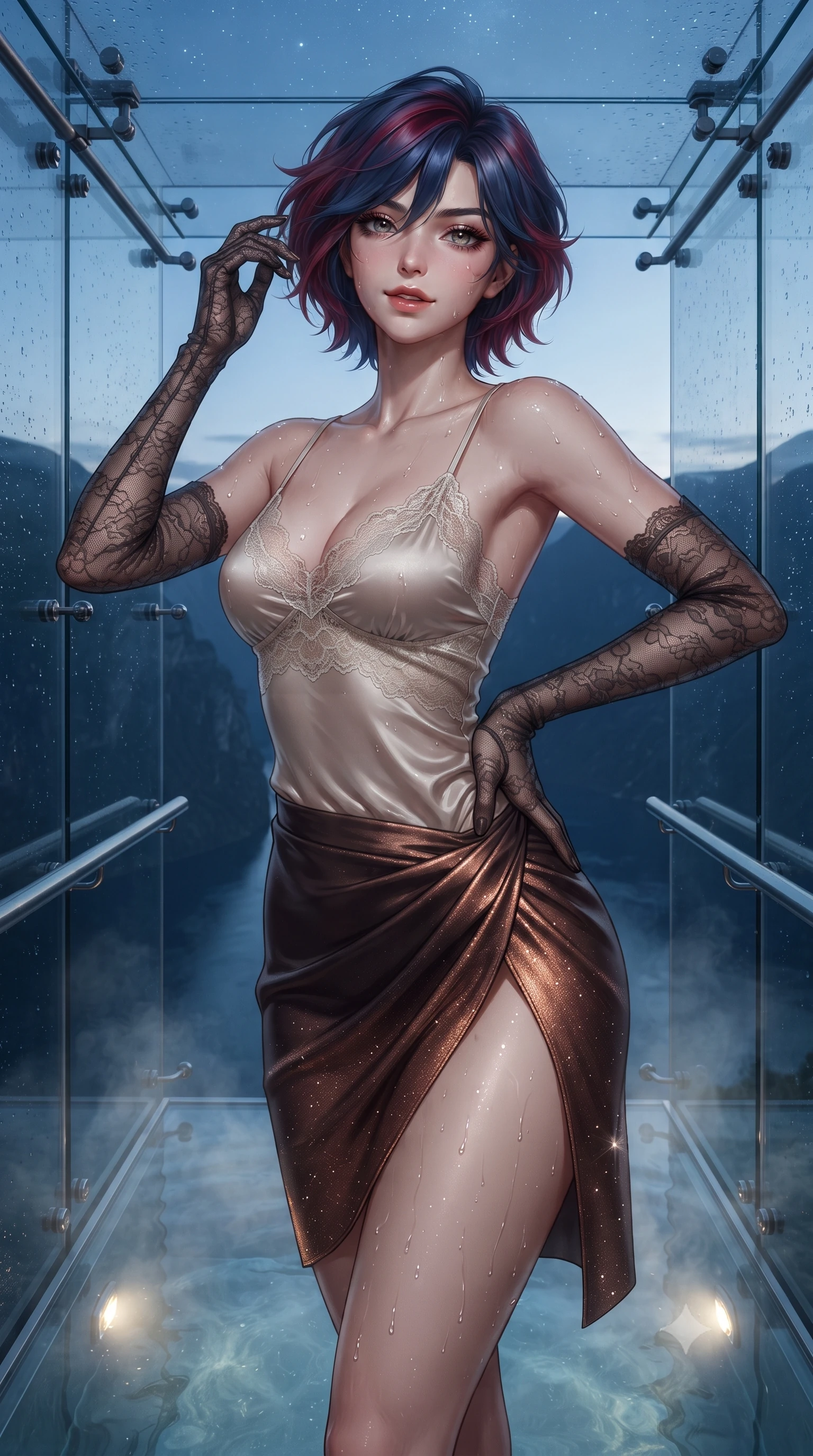 score_9, masterpiece, best quality, ultra-detailed, high-budget anime keyframe, editorial fashion photography, tasteful artistic composition, Korean woman. close-up cowboy shot from the waist and thighs up, the character dominates the composition, filling the frame with her large presence. twisting her slender torso in an alluring contrapposto stance, one hand resting on her sculpted hip while her fingers toy with her hair with effortless poise while standing inside the steaming glass-walled hydrotherapy spa cantilevered high over the fjord abyss, arching her spine with supermodel poise. The surrounding environment is rendered in vivid detail and crisp panoramic clarity: sharp structural glass joint bolts, brushed titanium handrail gleam, and glistening water droplets on toned skin in deep focus. She has an exceptionally elegant, slender, and willowy female figure with an ultra-slim waist, flat toned midriff, narrow ribcage, and sculpted feminine hips creating an alluring, slim hourglass silhouette without bulk. sharp v-shaped jawline, high-bridge nose, sparkling eyes with hypnotic seductive depth, thick curled eyelashes, glossy parted lips with a natural dewy peach sheen, alluring bedroom-eyes with an enchanting coquettish smile, exuding magnetic siren charisma and sophisticated glamour, flawlessly proportioned anatomical accuracy, strict slender model proportions, natural body alignment, perfectly sculpted long slender limbs, ultra-slim waistline, clean dynamic posture without body distortion. wearing a delicate lace-trimmed silk camisole paired with a draped satin wrap sarong mini skirt with high side slit in sultry espresso bronze and metallic copper, woven from stretch metallic lurex jersey casting radiant starlight glints across her silhouette, complemented by sheer opera-length lace evening gloves tracing her slender arms, the high-slit wrap tailoring accentuating her ultra-slim waistline and the enchanting curve of her feminine hips with alluring seductive charm. bathed in soft underwater 3200K warm white hydro-spa glow mixed with celestial starlight fill. ultra-reflective glossy finish, specular highlights, rich textural contrasts, high-contrast stereoscopic depth, volumetric dynamic lighting, 2k, ultra detail, master piece, 9:16 ratio