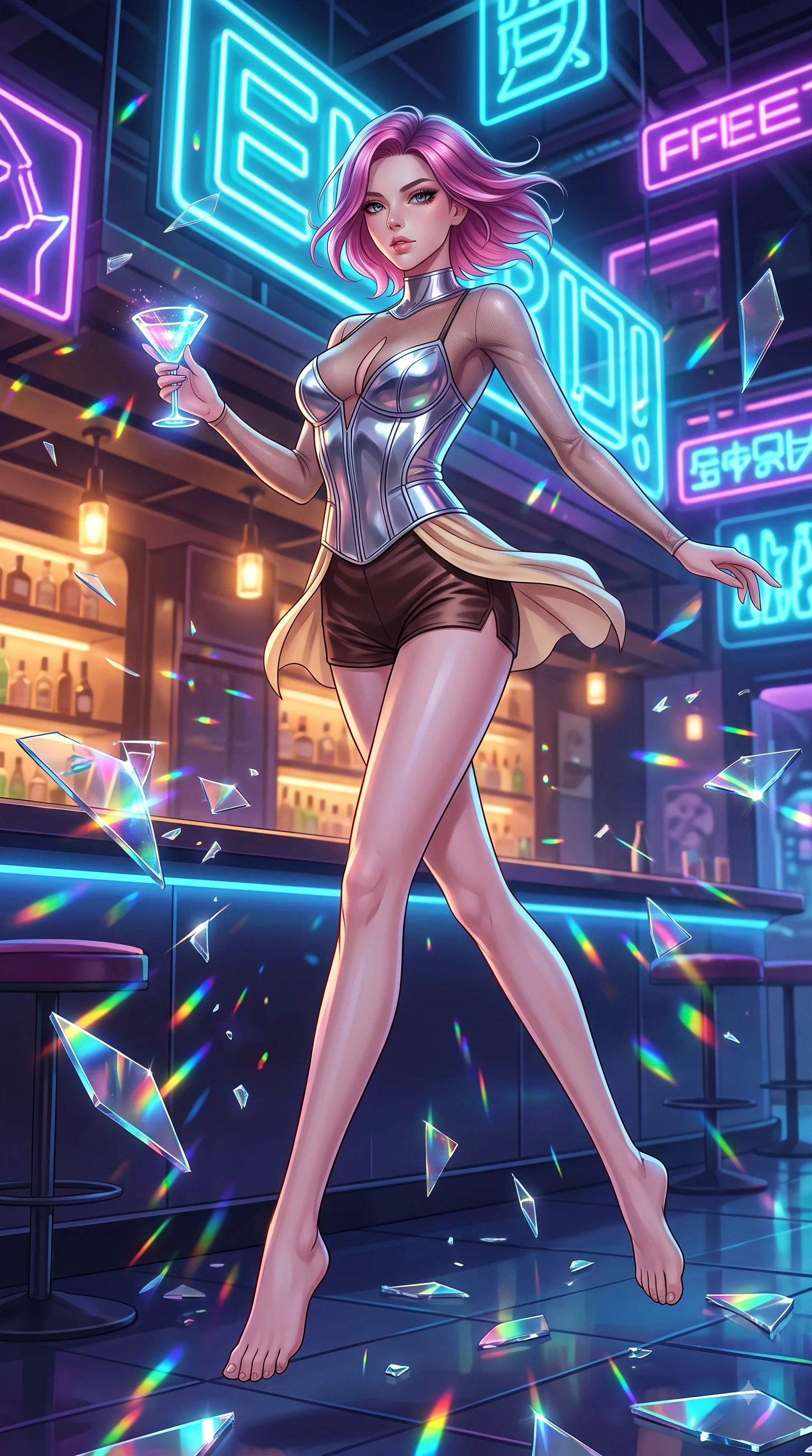 score_9, masterpiece, best quality, ultra-detailed, high-budget anime keyframe, editorial fashion photography, tasteful artistic composition, Caucasian woman. low angle full-body shot from head to toe showing her feet, filling the entire 9:16 vertical frame with her statuesque presence, stretching her vertical silhouette. leaping gracefully through mid-air with statuesque elegance, her impossibly long slender legs stretched in perfect balance while holding a glowing translucent cocktail glass under vibrant cyan and purple neon signs at night, shattered mirror bar fragments scattering brilliant rainbow specular highlights. She has an absolutely perfect, statuesque 8.5-heads proportion, an exceptionally tall and slender model-like female figure with impossibly long slender legs and an ultra-slim waist. sharp v-shaped jawline, high-bridge nose, intricate jewel-like eyes with depth, thick eyelashes, glossy lips with a natural sheen, flawlessly proportioned anatomical accuracy, natural body alignment, perfectly sculpted elegant limbs, clean dynamic posture without body distortion. wearing a chrome-plated structured bodice worn over a sheer mesh top and micro-shorts in espresso brown and warm cream, crafted from lustrous satin jersey with fluid draping, accented with a Tasteful chest slit framing her clavicle gracefully, the glove-like fit emphasizing her statuesque silhouette during motion. illuminated by warm indoor bar amber light and cool rainy blue neon rim light. highly saturated vibrant anime colors, detailed shading with soft gradients, rich glossy textures, high-contrast stereoscopic depth, volumetric dynamic lighting, master piece, 9:16 ratio