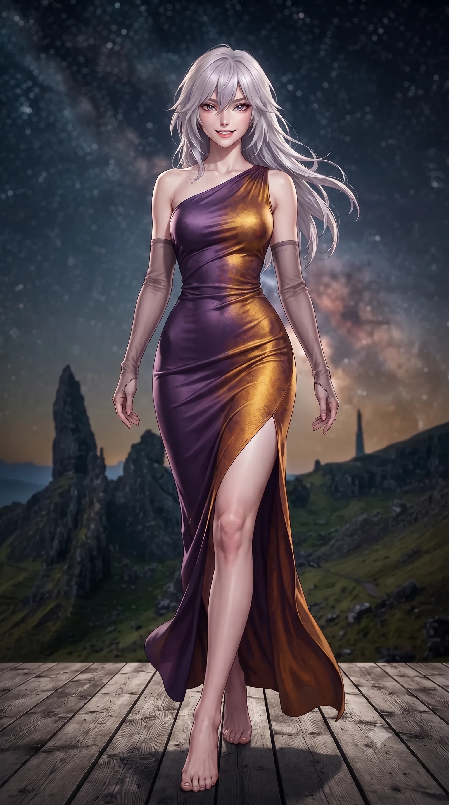score_9, masterpiece, best quality, ultra-detailed, high-budget anime keyframe, editorial fashion photography, tasteful artistic composition, Japanese woman. low angle full-body shot from head to toe showing her feet, filling the entire 9:16 vertical frame with her statuesque presence, stretching her vertical silhouette. stepping forward in a confident stride, her long slender legs and curvaceous hips creating a dynamic, sweeping vertical line while standing poised on the weathered Scottish larch deck high above the otherworldly pinnacles of the Quiraing, arching her lower back as Atlantic winds whip her silhouette. The background shows a soft-focus monumental basalt rock spires of the Needle and Prison rock, rolling moorland below, and dense Milky Way starfield blurred into obsidian, amber, and diamond bokeh. She has an exceptionally tall and slender model-like 8.5-heads proportion, an ultra-slim waist, a flat toned midriff, narrow delicate ribcage, and beautifully sculpted feminine hips creating a graceful, slim hourglass silhouette without any bulky heaviness, with impossibly long slender legs. sharp v-shaped jawline, high-bridge nose, intricate jewel-like sparkling eyes with depth, thick eyelashes, glossy parted lips with a natural peach sheen, bright cheerful beaming smile with an enchanting and coquettish sensual glint, exuding both youthful cute charm and seductive allure, flawlessly proportioned anatomical accuracy, strict slender model proportions, natural body alignment, perfectly sculpted long slender limbs, ultra-slim waistline, clean dynamic posture without body distortion. wearing a liquid jersey asymmetrical one-shoulder gown with seamless sculpting hold adhering tightly to her silhouette in Scottish Highlands heather thistle purple and antique hearth ember gold, crafted from bespoke double-faced cashmere with an exceptionally soft tactile finish, complemented by sheer opera-length evening gloves tracing her slender arms, the liquid-tight tailored fabric clinging flawlessly to her narrow waist and rounded feminine hips, emphasizing every millimeter of her sculpted slim hourglass curves without any bulky heaviness. illuminated by deck wood reflection bounce and sharp starlight-platinum rim lights defining her razor-sharp jawline, narrow waist, and curvy hips. ultra-reflective glossy finish, specular highlights, rich textural contrasts, high-contrast stereoscopic depth, volumetric dynamic lighting, 2k, ultra detail, master piece, 9:16 ratio