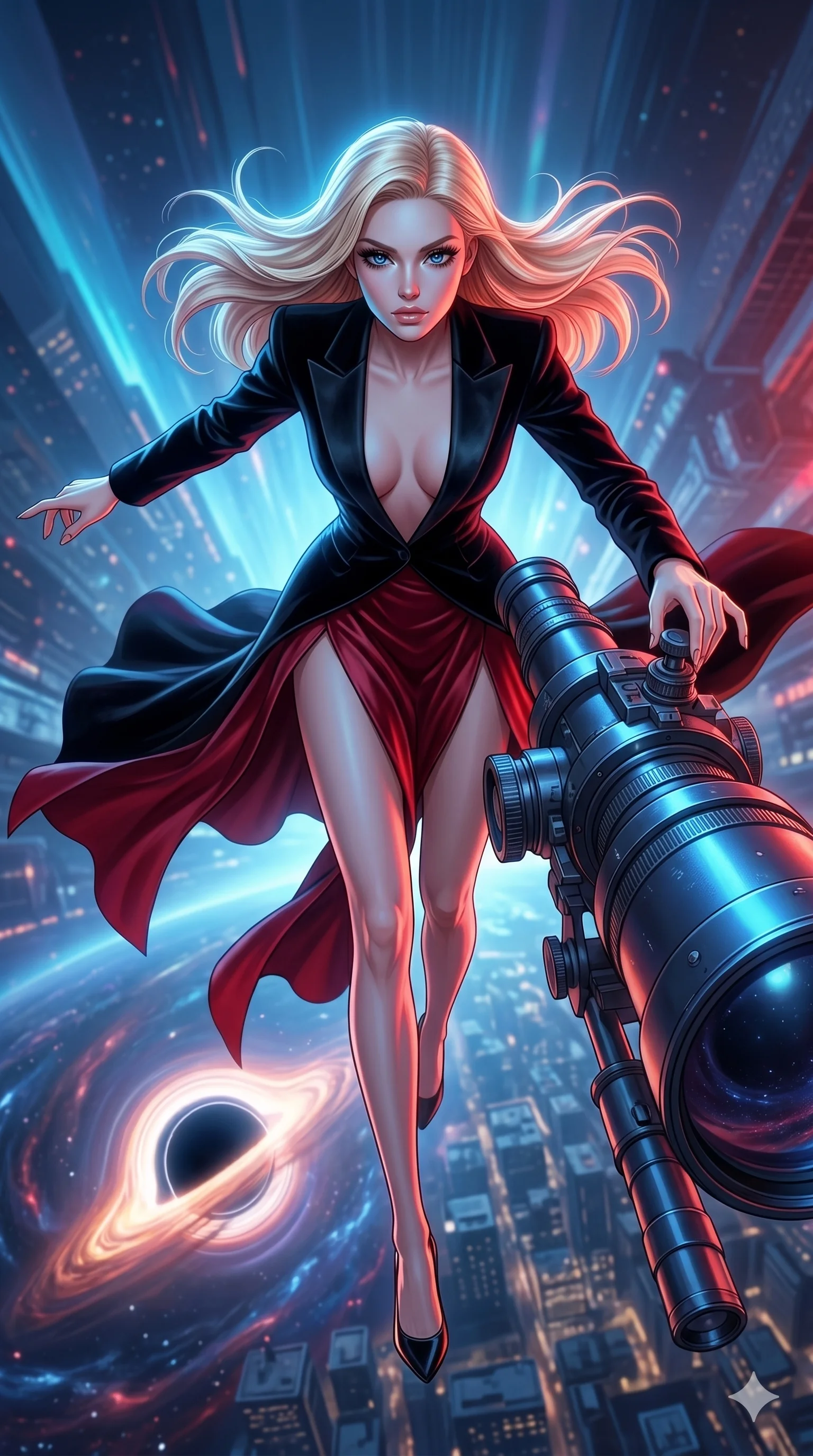 score_9, masterpiece, best quality, ultra-detailed, semi-realistic 3D game render, high-fidelity textures, Unreal Engine 5 style, Caucasian (strictly human ears) woman. Extreme high angle shot as she leaps towards the camera, filling the frame. adjusting the focus on a giant telescope aimed at a black hole. She has an absolutely perfect 8-heads proportion, an exceptionally tall and slender female figure with an ultra-slim waist and impossibly long slender legs. strictly human anatomy, two legs only, no extra limbs, clearly defined legs and arms, perfect anatomy, perfect hands and fingers. sharp v-shaped jawline, high-bridge nose, intricate jewel-like eyes, thick eyelashes, glossy lips. Wearing High-Fashion Editorial: Silk slip dress with high side slit, backless velvet gown, and structured blazer with nothing underneath. The scene is illuminated by dramatic atmospheric lighting and vibrant color palettes. , 2k, ultra detail, master piece, 9:16 ratio