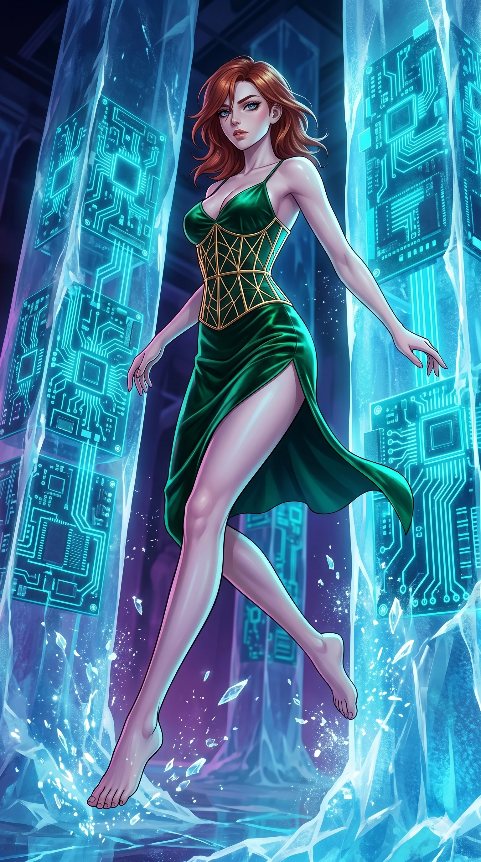 score_9, masterpiece, best quality, ultra-detailed, high-budget anime keyframe, Caucasian woman, strictly human ears. low angle full-body shot filling the entire 9:16 frame with her statuesque presence, stretching the vertical silhouette. leaping inside a sub-zero cybernetic ice temple, where glowing neon cyan computer circuit boards are frozen within transparent ice pillars, fracturing ice crystals into sparkles around her. She has an absolutely perfect 8-heads proportion, an exceptionally tall and slender female figure with impossibly long slender legs and an ultra-slim waist. V-shaped jawline, high-bridge nose, intricate jewel-like eyes with depth, thick eyelashes, glossy lips with a natural sheen.. wearing a mathematical gold wire cage corset and an emerald green silk velvet slip dress with a thigh-high side slit. accented by dynamic color-blocked lighting with high-contrast shadows emphasizing her statuesque height. 2k, ultra detail, master piece, 9:16 ratio
