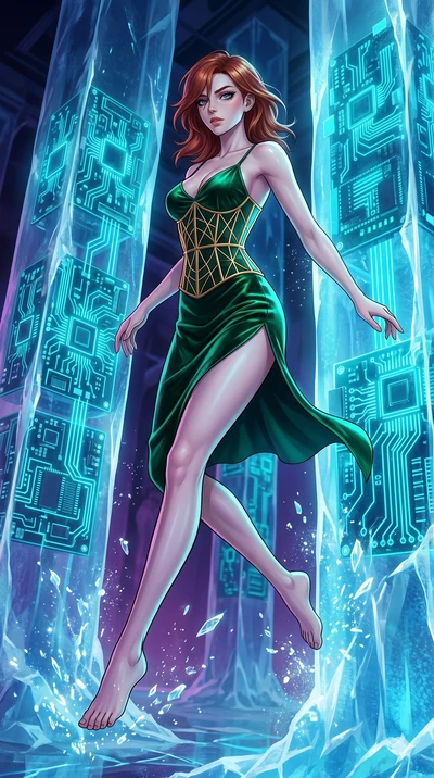 score_9, masterpiece, best quality, ultra-detailed, high-budget anime keyframe, Caucasian woman, strictly human ears. low angle full-body shot filling the entire 9:16 frame with her statuesque presence, stretching the vertical silhouette. leaping ins