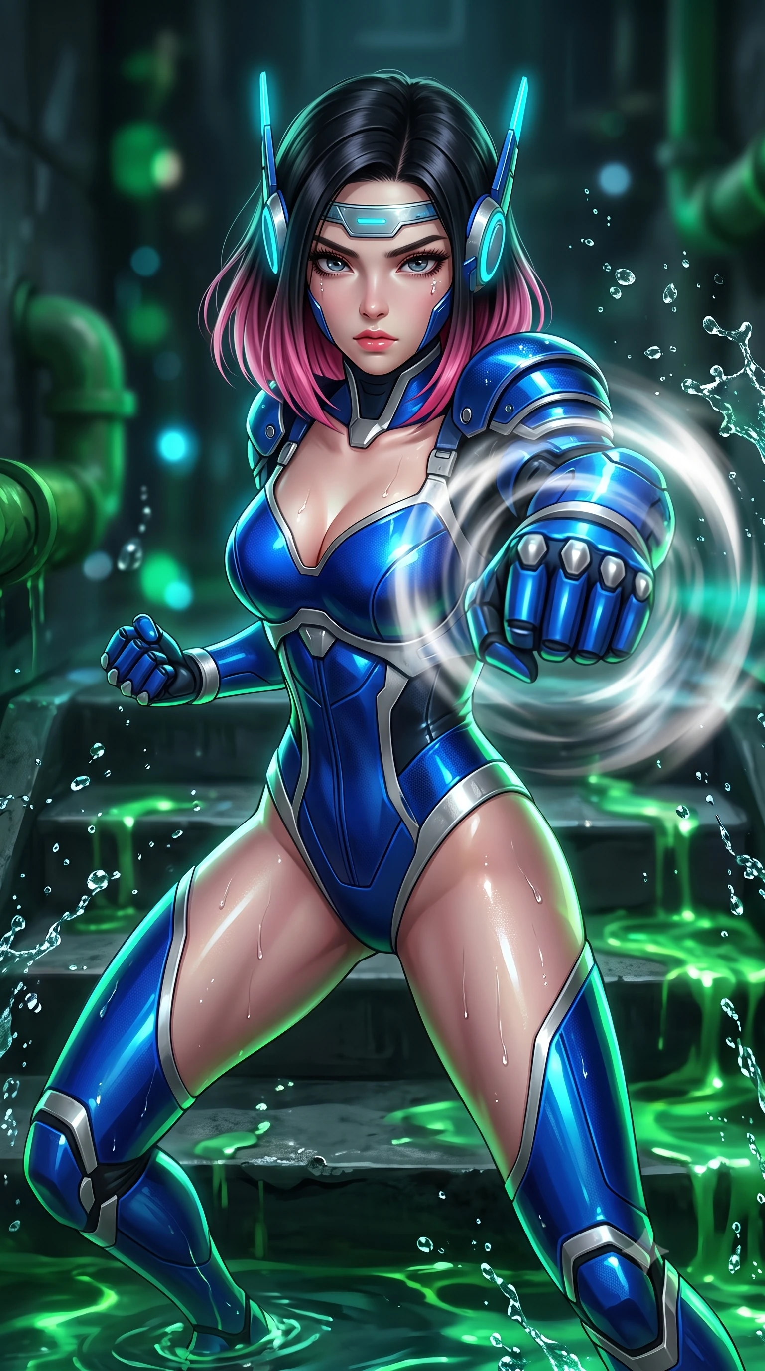 score_9, masterpiece, best quality, ultra-detailed, high-budget anime keyframe, semi-realistic 3D game render, editorial fashion photography, tasteful artistic composition, Korean woman. close-up cowboy shot from the waist and thighs up, the character dominates the composition, filling the frame with her large presence. thrusting a high-speed kinetic punch toward the camera, a visible conical shockwave distortion wrapping around her armored forearm while pivoting dynamically on submerged concrete steps as glowing green bio-chemical sludge reflects off her polished armor. The composition keeps background elements in soft focus with creamy bokeh. splashing water droplets and glowing green biochemical drain pipes blurred into radiant emerald, cyan, and charcoal bokeh. She has an exceptionally elegant, slender, and willowy female figure with an ultra-slim waist, a gracefully sculpted slender torso, toned flat midriff, and a refined slim silhouette. sharp v-shaped jawline, high-bridge nose, intricate jewel-like eyes with depth, thick eyelashes, glossy lips with a natural sheen, fierce and resolute heroine expression, flawlessly proportioned anatomical accuracy, strict slender model proportions, natural body alignment, perfectly sculpted long slender limbs, ultra-slim waistline, clean dynamic posture without body distortion. wearing a lightweight carbon-fiber tactical sensory headpiece with glowing cyan ear-antennae and an ultra-thin forehead HUD brow-band, paired with a statuesque high-fashion cyber-warrior armor suit with platinum bevels, heavy articulated shoulder guards, and an ultra-slim waist-cinching corset in electric cobalt blue carbon with brushed platinum tactical trim, formed from high-gloss patent carbon-plating with specular dystopian chiaroscuro reflections, finished with high-mobility flexible armor articulation seams and miniature magnetic locks, the precision-cut daring openings accentuating her delicate midriff, graceful bare collarbones, and ultra-slim feminine waistline. illuminated by wet reflective highlights tracing her sculpted collarbones, waistline, and long slender legs. rich saturated anime colors with glowing neon highlights, detailed shading with soft gradients, rich glossy textures, high-contrast stereoscopic depth, volumetric dynamic lighting, master piece, 9:16 ratio