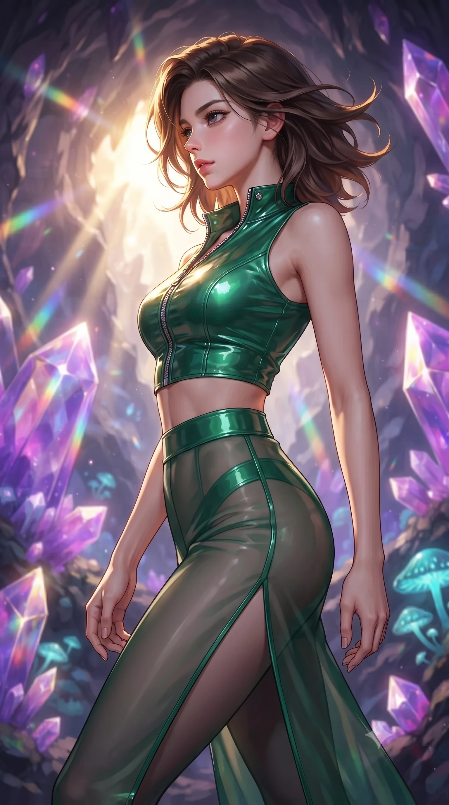 score_9, masterpiece, best quality, ultra-detailed, high-budget anime keyframe, editorial fashion photography, tasteful artistic composition, Korean woman. close-up cowboy shot from the waist and thighs up, the character dominates the composition, filling the frame with her large presence, background elements kept in soft focus. Turning her face in sharp dramatic profile against the bright light, showcasing her sharp v-shaped jawline navigating a cavern filled with bioluminescent fungi and crystalline stalactites, massive violet and magenta crystal facets scattering prismatic light rays. She has an exceptionally elegant, slender, and willowy female figure with an ultra-slim waist, a gracefully sculpted slender torso, and a refined silhouette. sharp v-shaped jawline, high-bridge nose, intricate jewel-like eyes with depth, thick eyelashes, glossy lips with a natural sheen. wearing a glossy vinyl crop top and high-waist tailored leggings with sleek zippers in deep emerald green and silver accent, woven from fine semi-opaque sheer organza, finished with a sleek side slit ascending to mid-thigh, the elegant draped fit framing her graceful clavicle and slender torso. lit by warm golden sunlight colliding with cool violet crystal illumination. ultra-reflective glossy finish, specular highlights, metallic sheen, high-contrast stereoscopic depth, volumetric dynamic lighting, 2k, ultra detail, master piece, 9:16 ratio