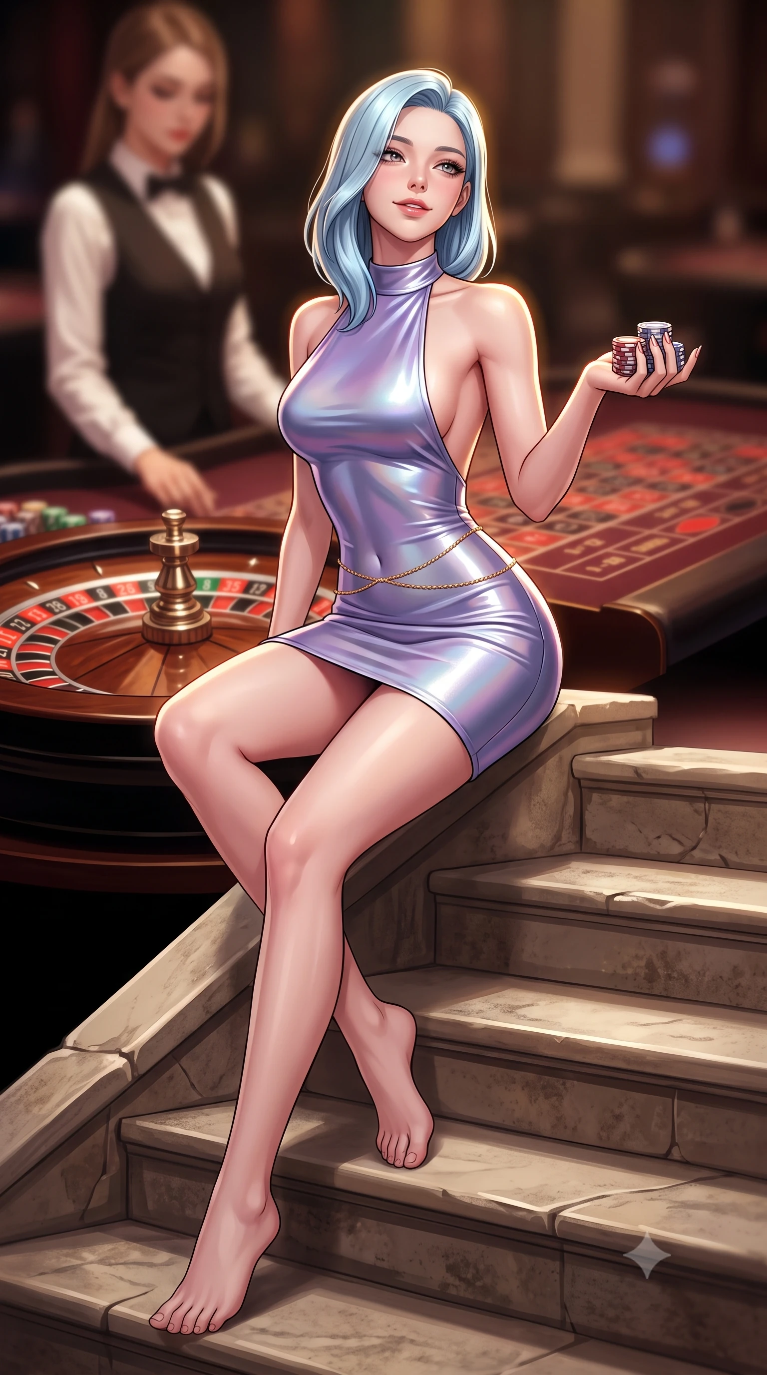 score_9, masterpiece, best quality, ultra-detailed, high-budget anime keyframe, semi-realistic 3D game render, editorial fashion photography, tasteful artistic composition, Korean woman. low angle full-body shot from head to toe showing her feet, filling the entire 9:16 vertical frame with her statuesque presence, stretching her vertical silhouette. sitting poised on the stone steps with one knee bent, arching her spine with supermodel elegance as she glances upward through thick eyelashes while standing poised beside the high-stakes roulette wheel with hips cocked back, holding casino chips while casting an intoxicating seductive smile. The background shows a soft-focus croupier wheel blur softened in ultra-exclusive high-stakes shallow focus. She has an absolutely perfect, statuesque 8.5-heads proportion, an exceptionally tall and slender model-like female figure with impossibly long slender legs, an ultra-slim waist, a flat toned midriff, narrow delicate ribcage, and beautifully sculpted feminine hips creating a graceful, slim hourglass silhouette without any bulky heaviness. sharp v-shaped jawline, high-bridge nose, sparkling eyes with hypnotic seductive depth, thick curled eyelashes, glossy parted lips with a natural dewy peach sheen, alluring bedroom-eyes with an enchanting coquettish smile, exuding magnetic siren charisma and sophisticated glamour, flawlessly proportioned anatomical accuracy, strict slender model proportions, natural body alignment, perfectly sculpted long slender limbs, ultra-slim waistline, clean dynamic posture without body distortion. wearing a backless halterneck column mini dress in shimmering liquid vinyl clinging like a second skin in dusk lavender and iridescent silver, tailored from fine structural neoprene with crisp architectural edges and smooth contouring, accented with a dainty gold belly chain resting across her flat midriff and curving hips, the glove-like clinging cut tightly following the natural contour of her hips and long slender legs with youthful 8.5-heads elegance. illuminated by mahogany table surface bounce and sharp royal-gold rim lights defining her razor-sharp jawline, narrow waist, and curvy hips. highly saturated vibrant anime colors, detailed shading with soft gradients, rich glossy textures, high-contrast stereoscopic depth, volumetric dynamic lighting, master piece, 9:16 ratio