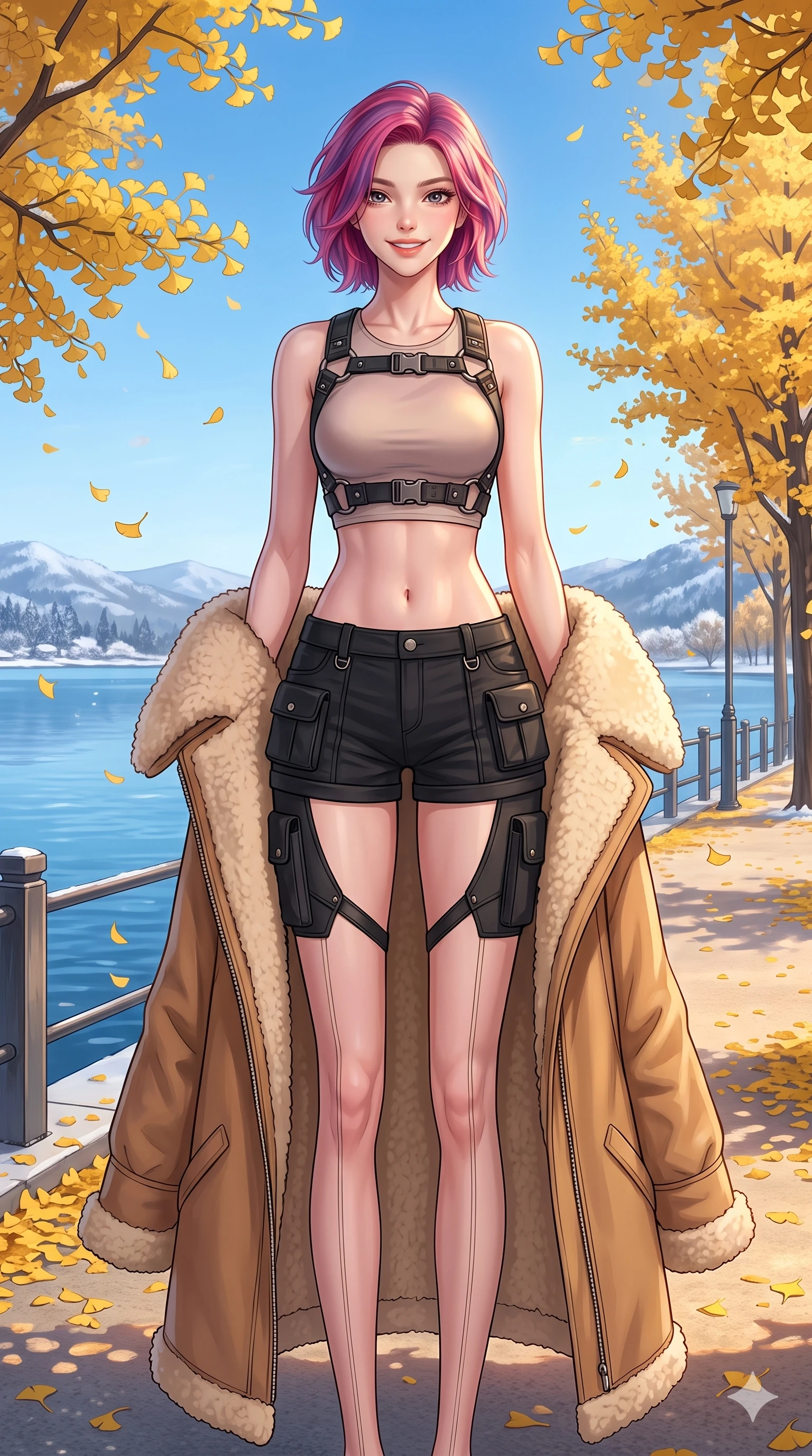 score_9, masterpiece, best quality, ultra-detailed, high-budget anime keyframe, vibrant anime aesthetic, Caucasian woman, strictly human ears. cowboy shot from the thighs up, character and outfit filling the frame for maximum presence. She is holding a warm coat, smiling warmly with a cheerful and friendly gaze by a lakeside promenade under golden gingko petals (Code-P21-067). She has an absolutely perfect 8-heads proportion, an exceptionally tall and slender female figure with impossibly long slender legs and an ultra-slim waist. V-shaped jawline, high-bridge nose, intricate jewel-like eyes with depth, thick eyelashes, glossy lips with a natural sheen. wearing a harness over a crop top exposing her midriff and micro-shorts in winter cabin. She is soft glowing ambient light from a clear blue winter sky, highlighting her V-shaped jawline. 2k, ultra detail, master piece, 9:16 ratio