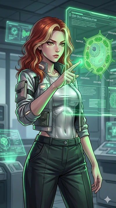 score_9, masterpiece, best quality, ultra-detailed, high-budget anime keyframe, Caucasian woman, strictly human ears. Upper body close-up from the thighs up, character filling the screen for maximum presence. Standing next to a giant glowing holograp